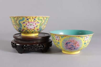 2 Chinese fine yellow bowls