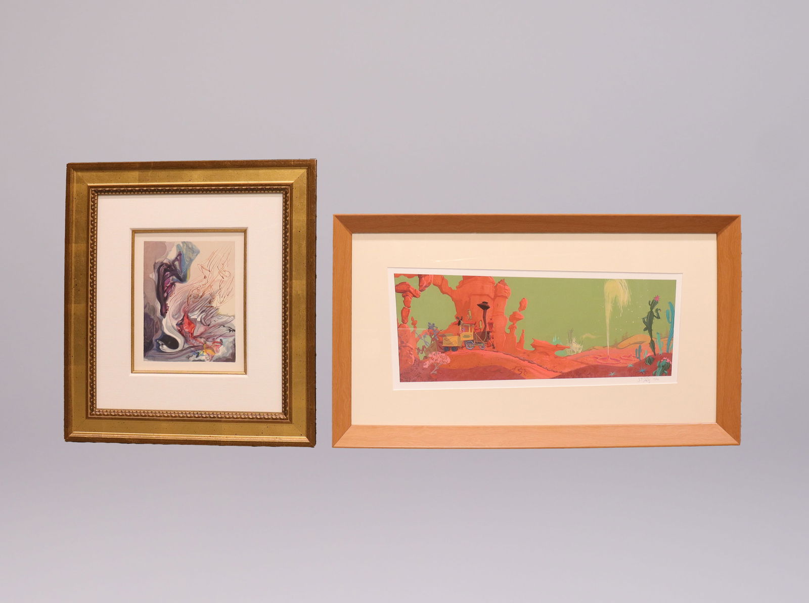 Dali wooden engraving and Disney art: S. Dali wooden graved art signed, with Disney art work. Largest H: 18" x W: 31.5."