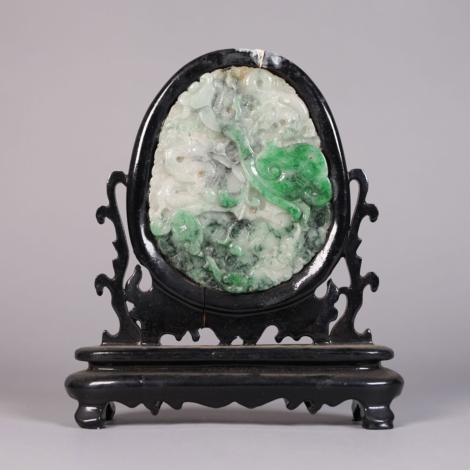 Chinese fine jadeite panel: Chinese fine jadeite panel, has repair condition selling it as is. All sales are final. H: 8" x W: 7."