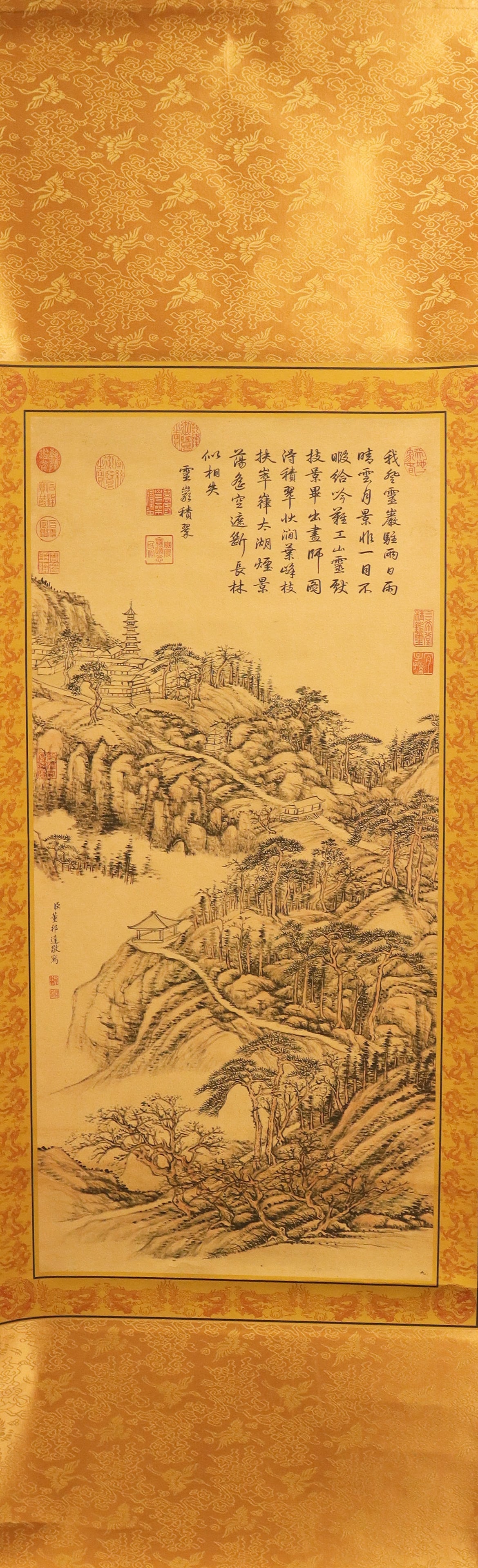 Chinese scroll in wooden box: Chinese scroll in wooden box.