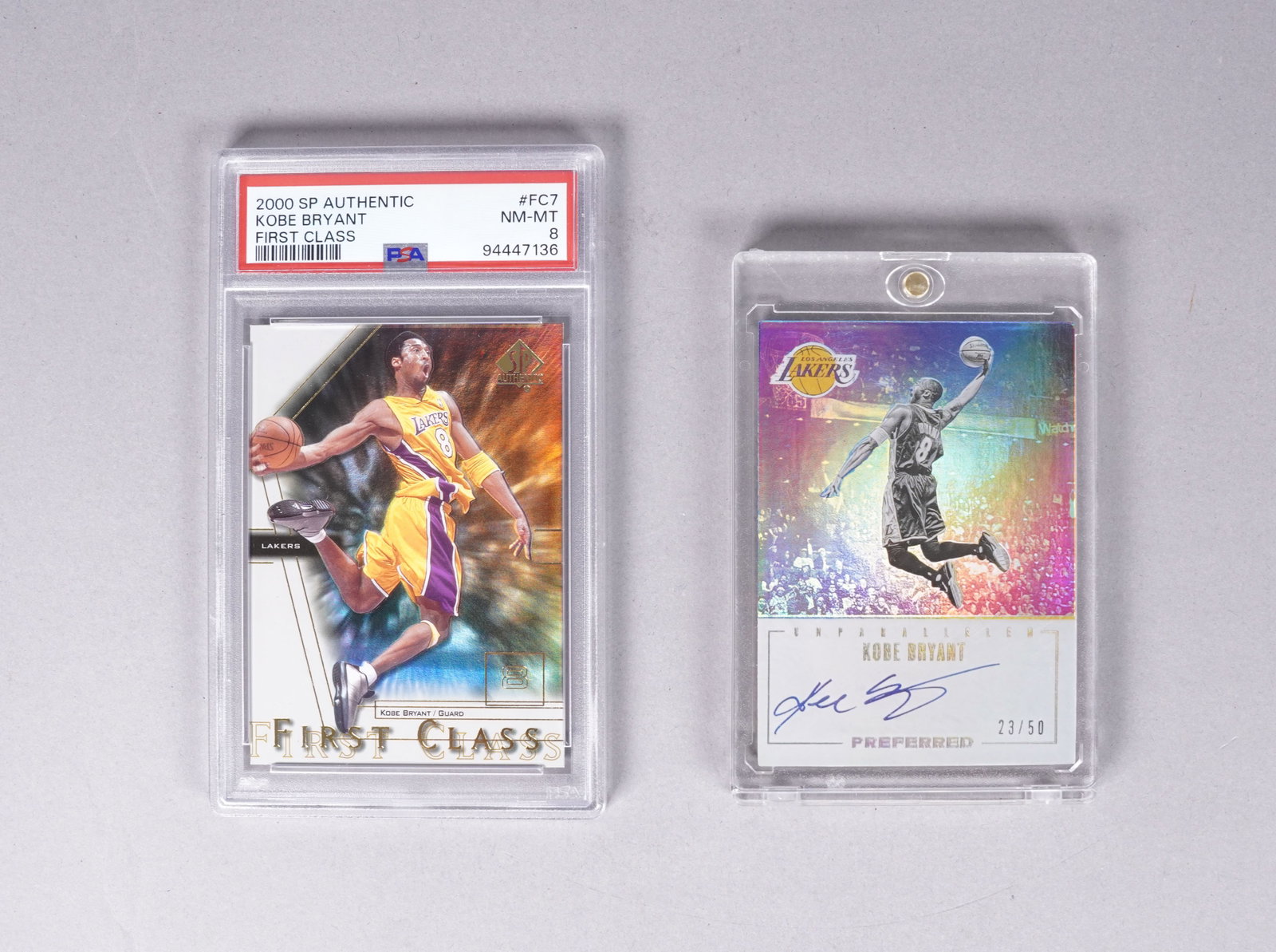 Lots Kobe Bryant card PSA 8: 2000 Kobe Bryant First Class PSA 8, and another Kobe Bryant card, ungraded. Condition selling it as is, all sales are final. No return. From an estate.
