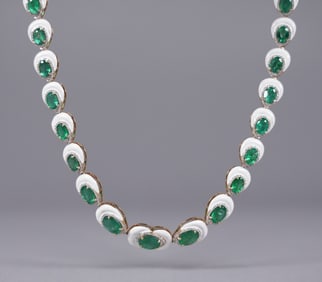 14 kt y/g emerald beryl diamond necklace