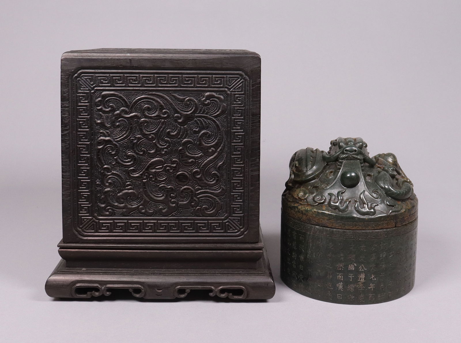 Chinese important jade seal estate: Chinese important fine carved seal, with calligraphy carved on it. From a major estate. H: 5" x W: 5."