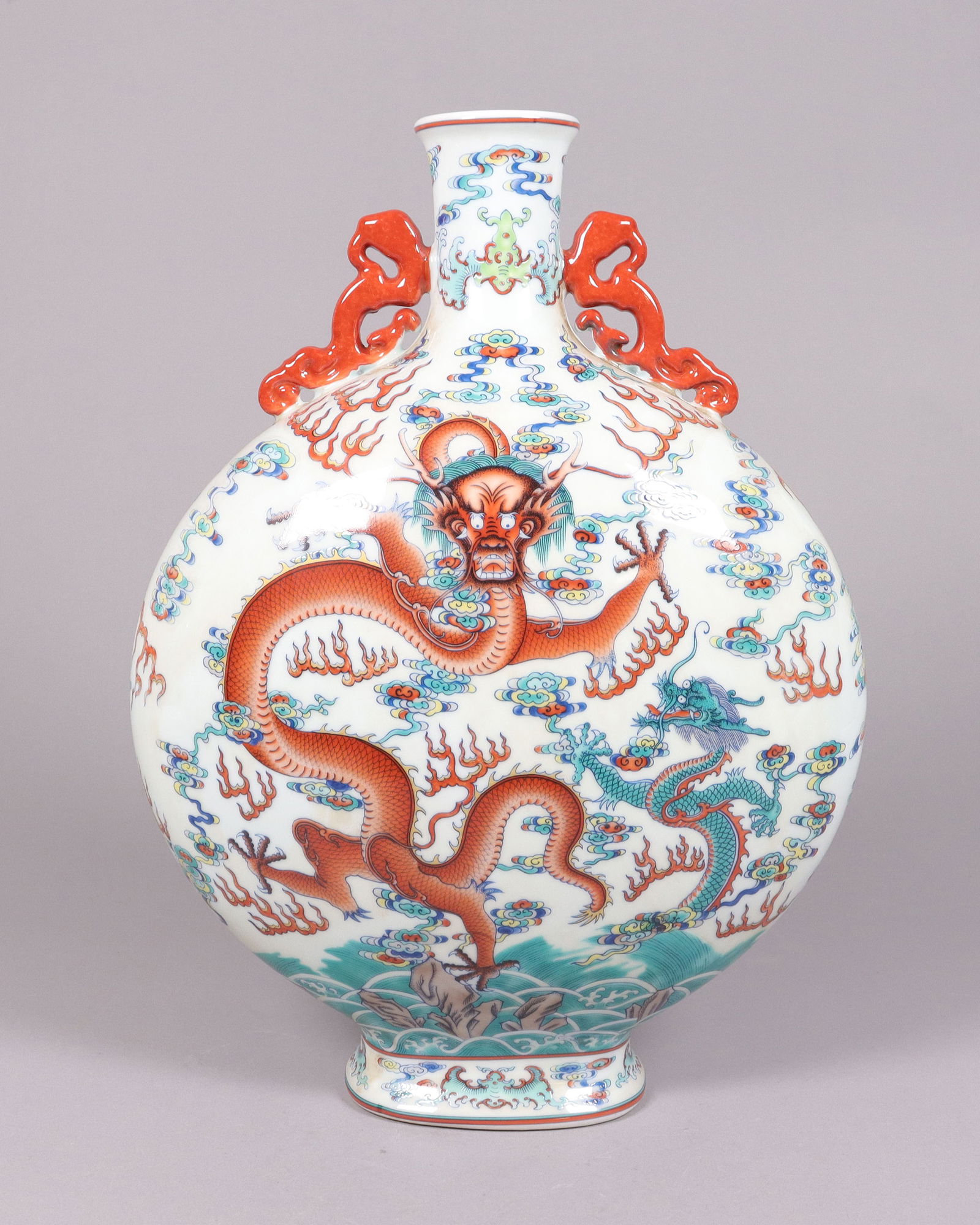 Chinese estate important dragon flask vase: Chinese estate important dragon flask vase. H: 14.25" x W: 10.5."