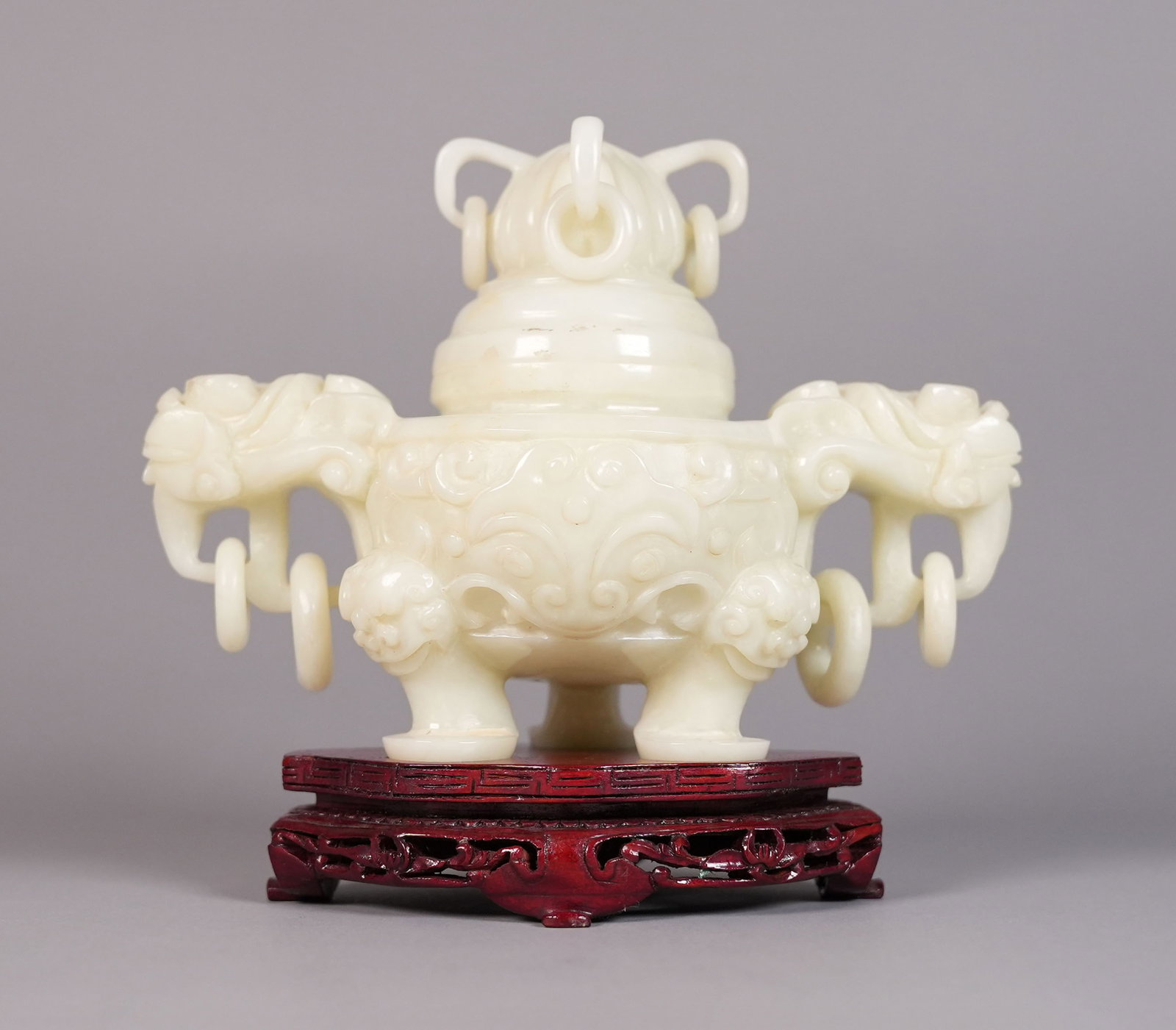 Chinese finely jade censer: Chinese finely jade carved censer. H: 5" x W: 7.2."