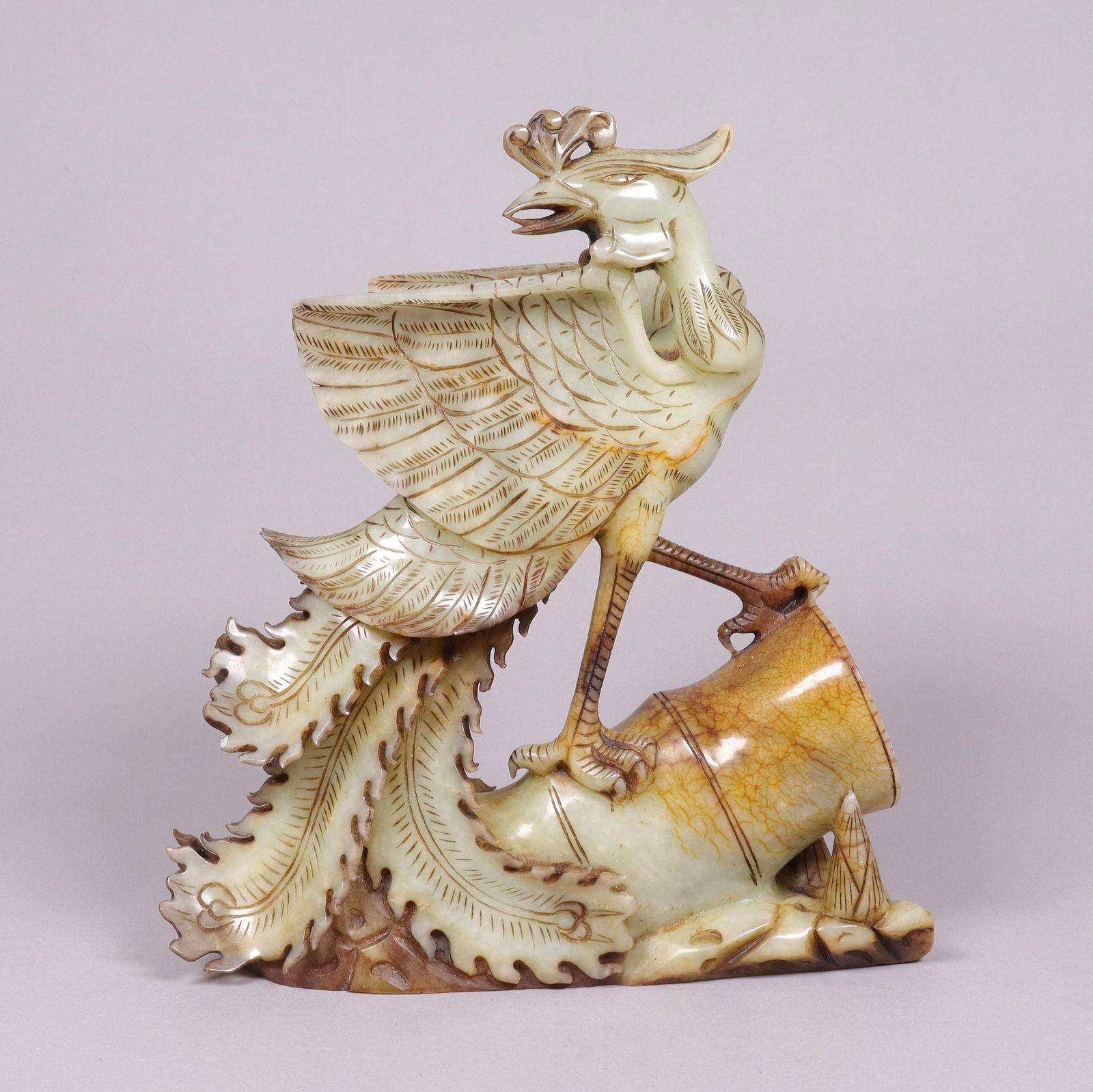 Chinese fine jade carved figure: Chinese fine jade carved figure. Condition selling it as is, has some damage. H: 10" x W: 9.2."