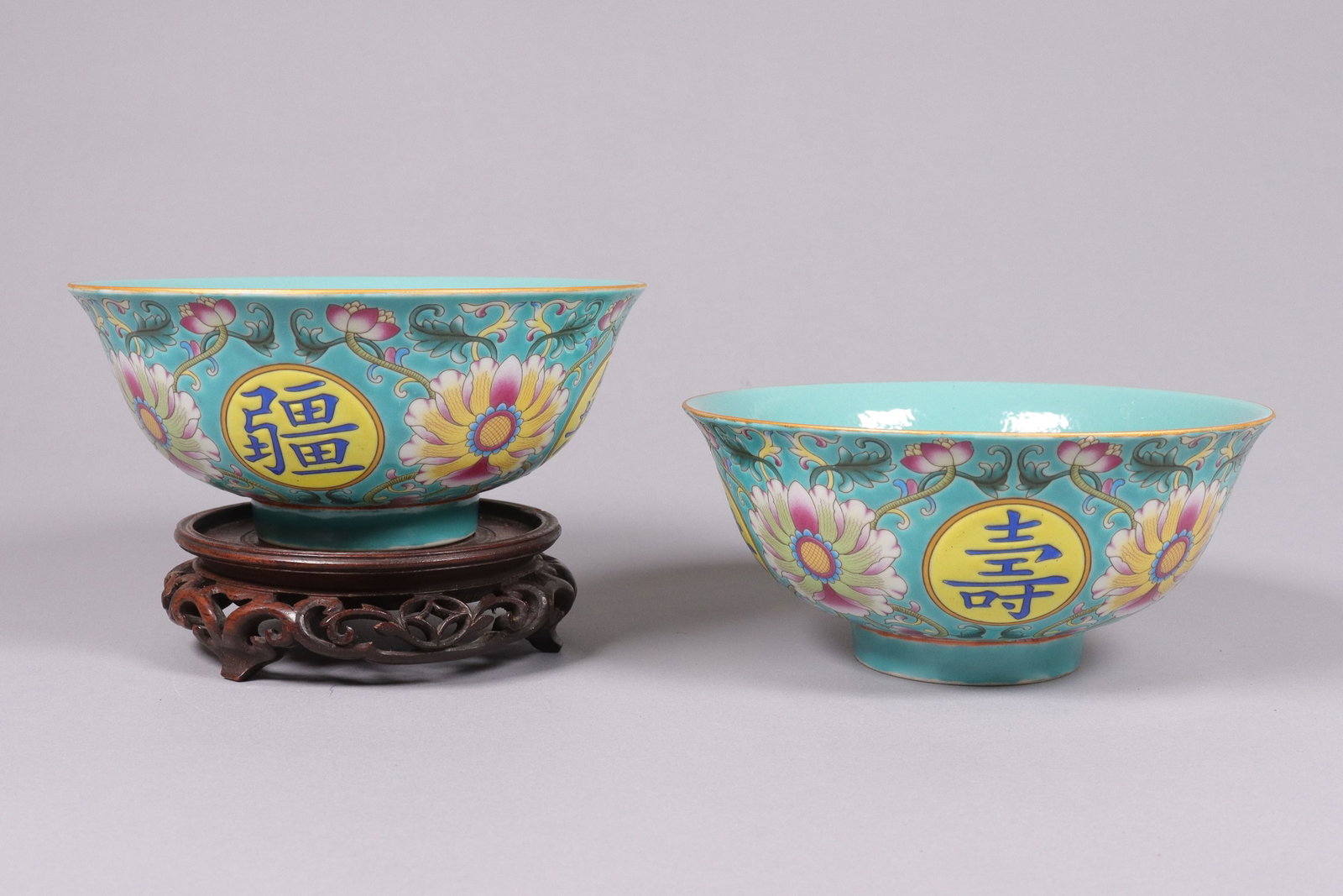 2 Chinerse turquoise bowls: 2 Chinese fine turquoise bowls. H: 3" x W: 6.4."