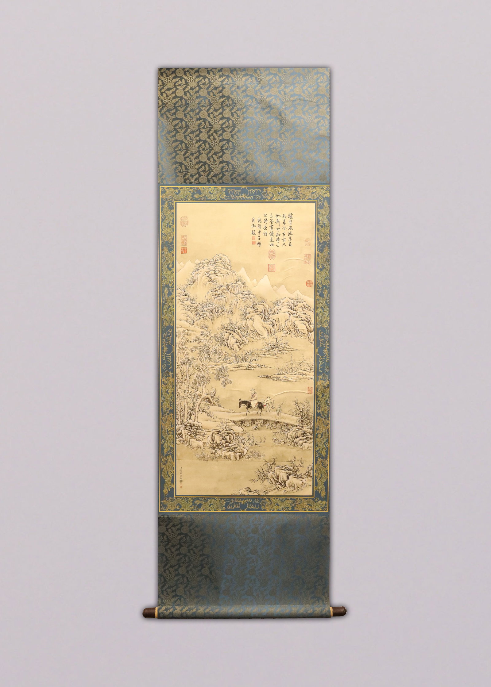 Chinese fine scroll in wooden box: Chinese fine scroll in wooden box.