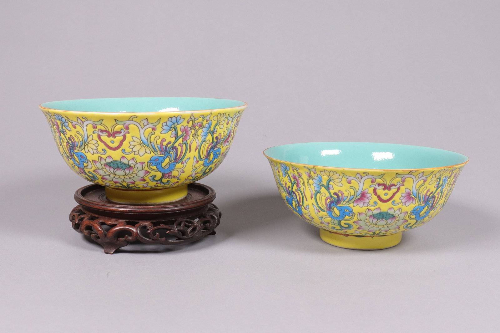 2 Chinese fine yellow bowls: 2 Chinese fine yellow bowls. H: 3" x W: 6.5."