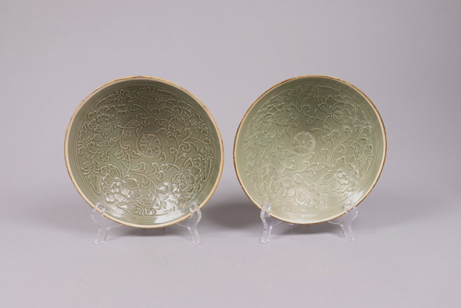 2 Chinese green bowls: 2 Chinese fine green bowls. Largest H: 2.5" x W: 8."
