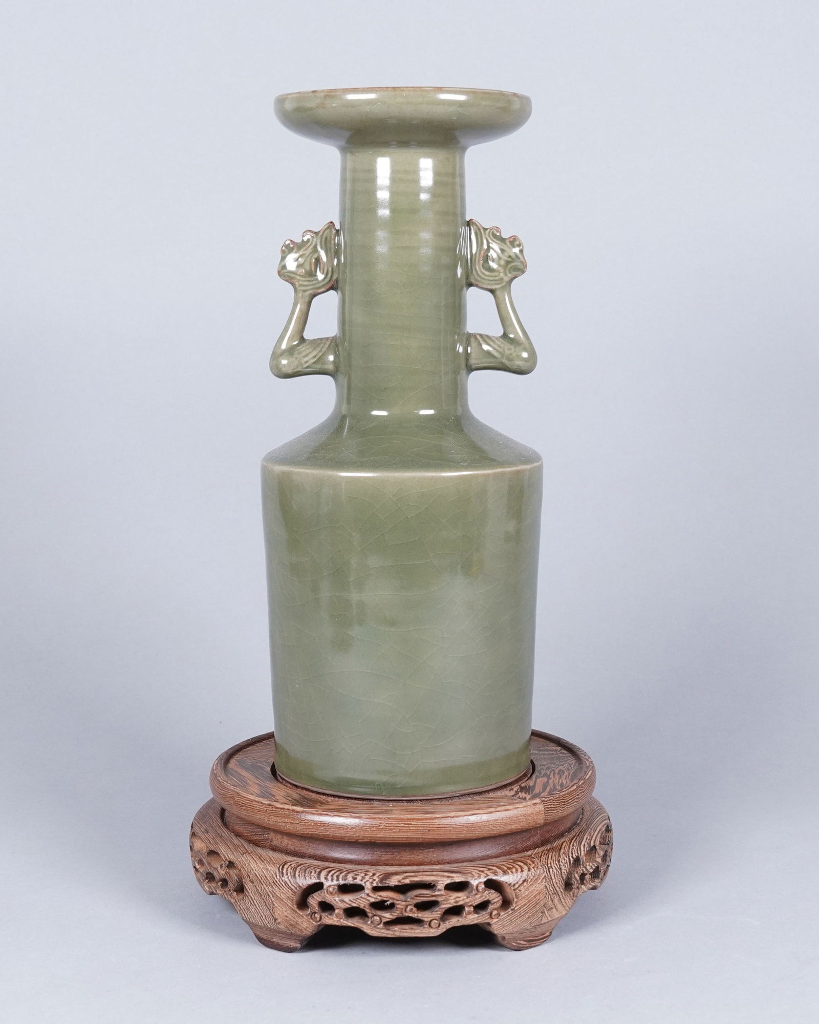 Chinese celadon green vase: Chinese fine celadon green vase. H: 11.8" x W: 4.2."