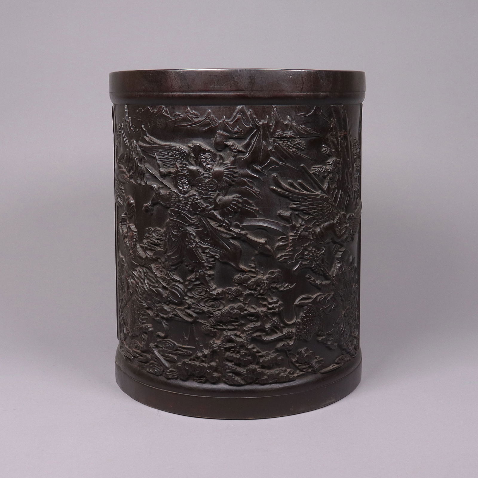 Chinese large wooden brush pot: Chinese large heavy wooden brush pot. H: 11.45" x W: 9.45."
