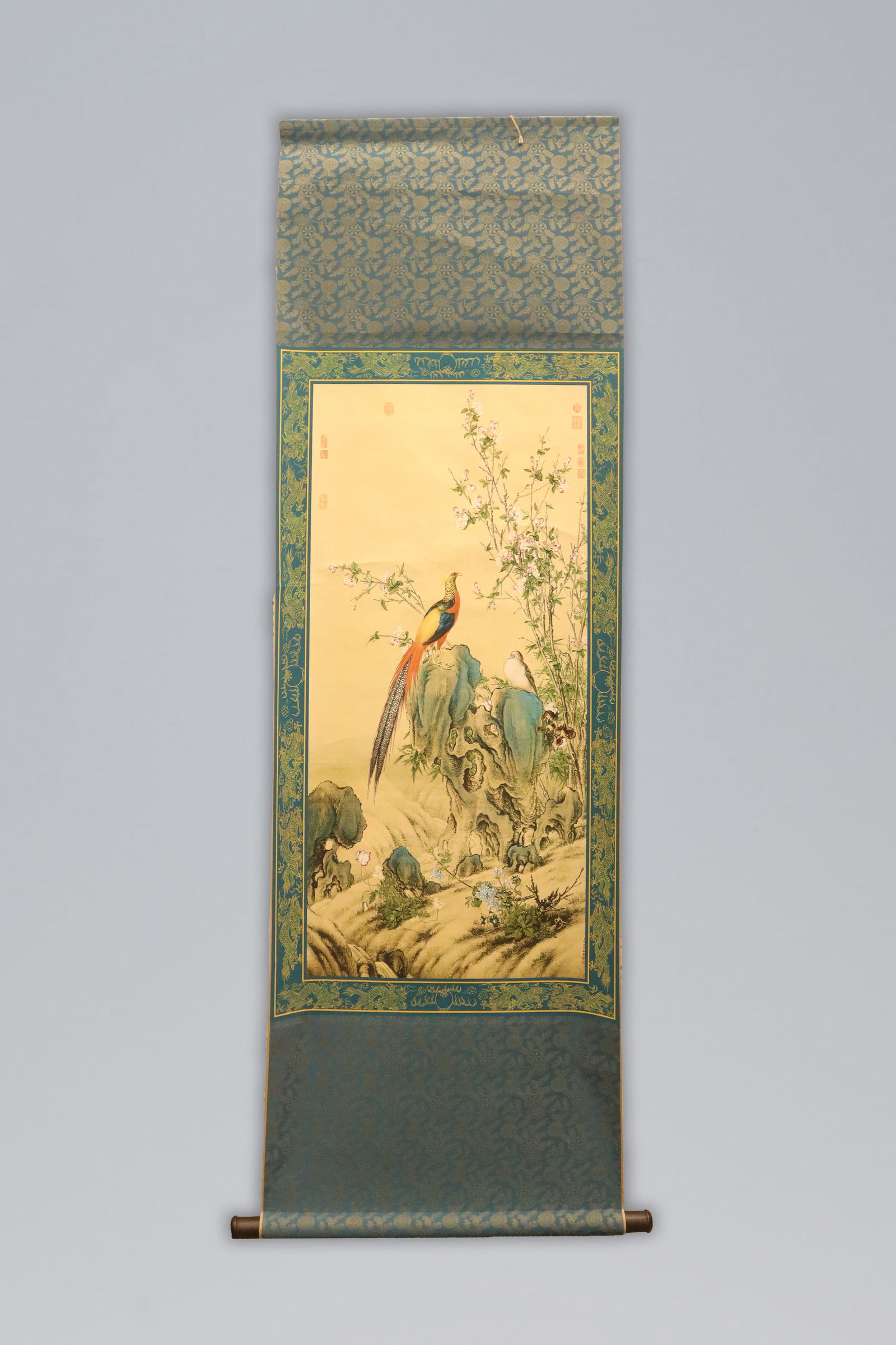 Chinese long scroll with wooden box: Chinese long scroll with wooden box.