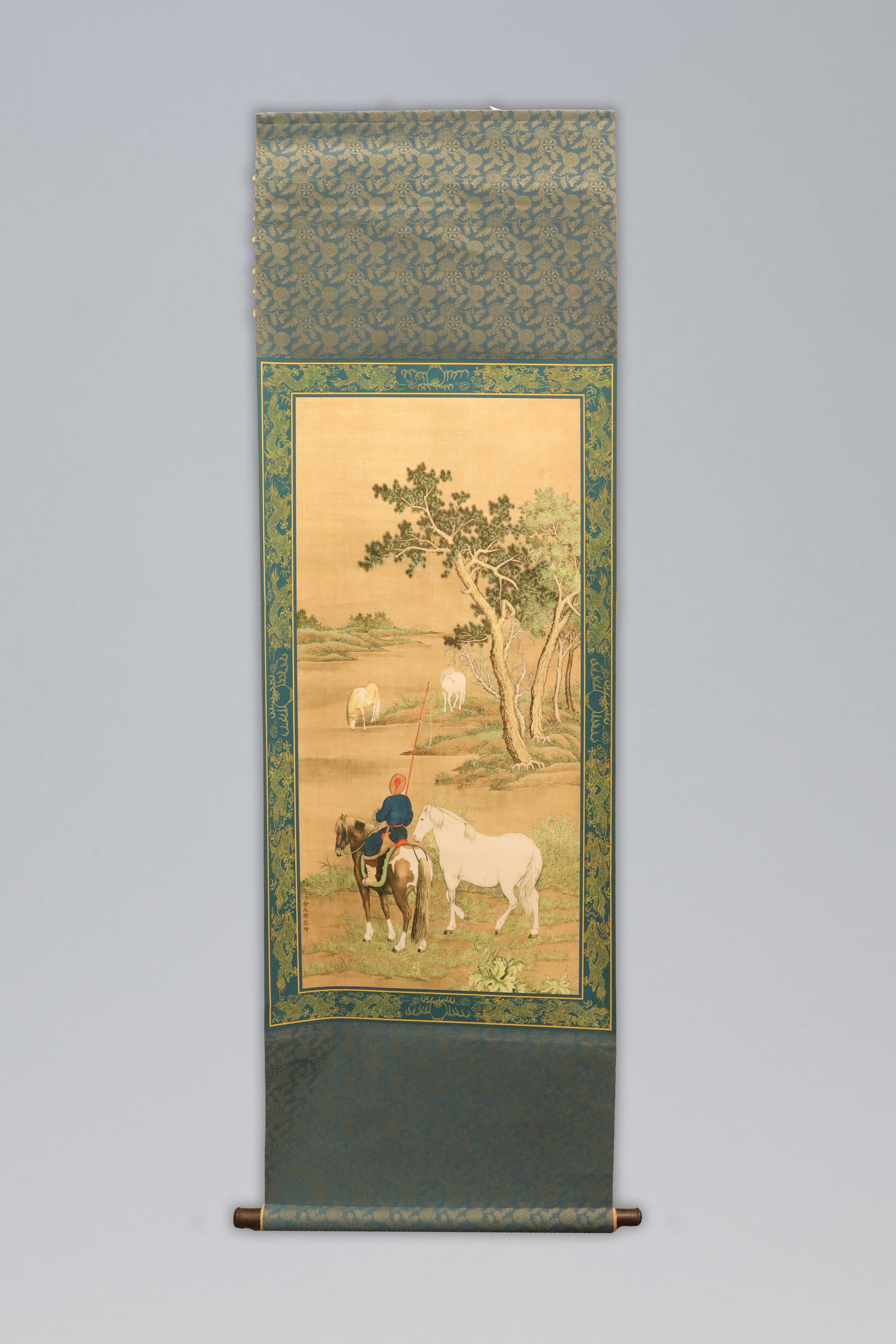 Chinese long scroll with wooden box: Chinese long scroll with wooden box.