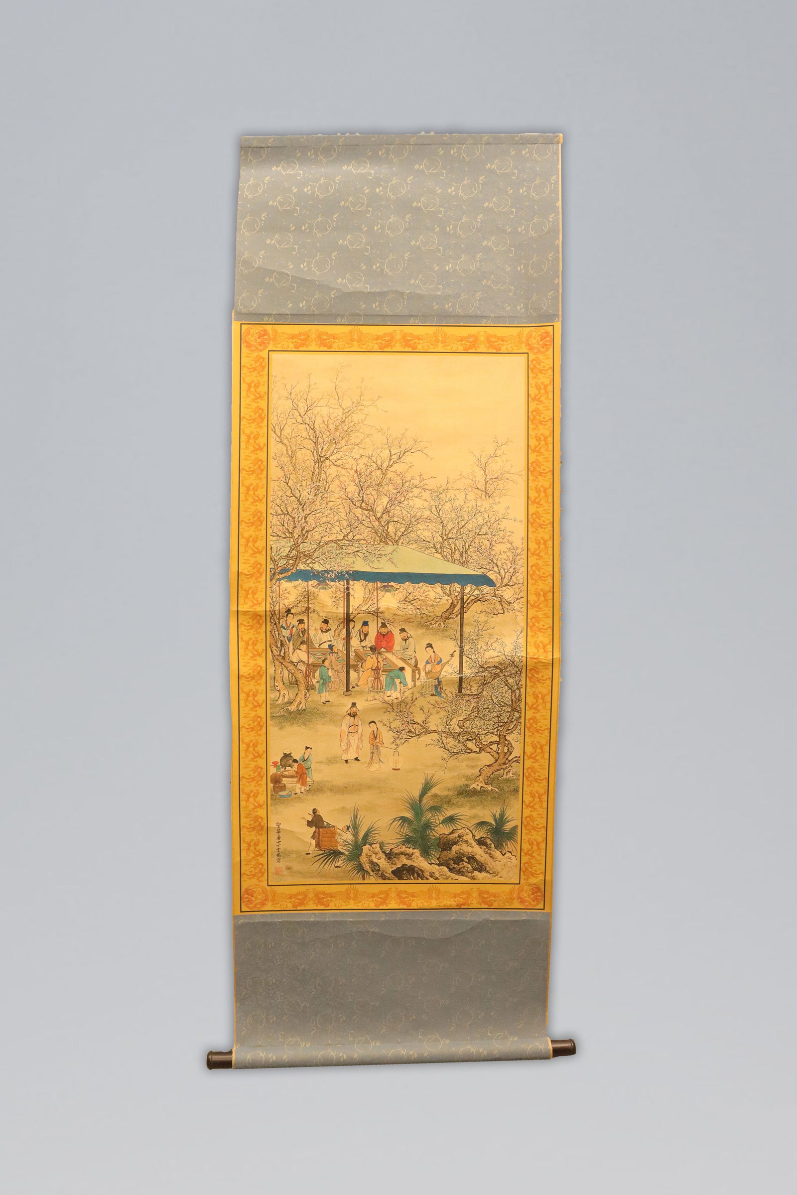 Chinese long scroll with wooden box: Chinese long scroll with wooden box.