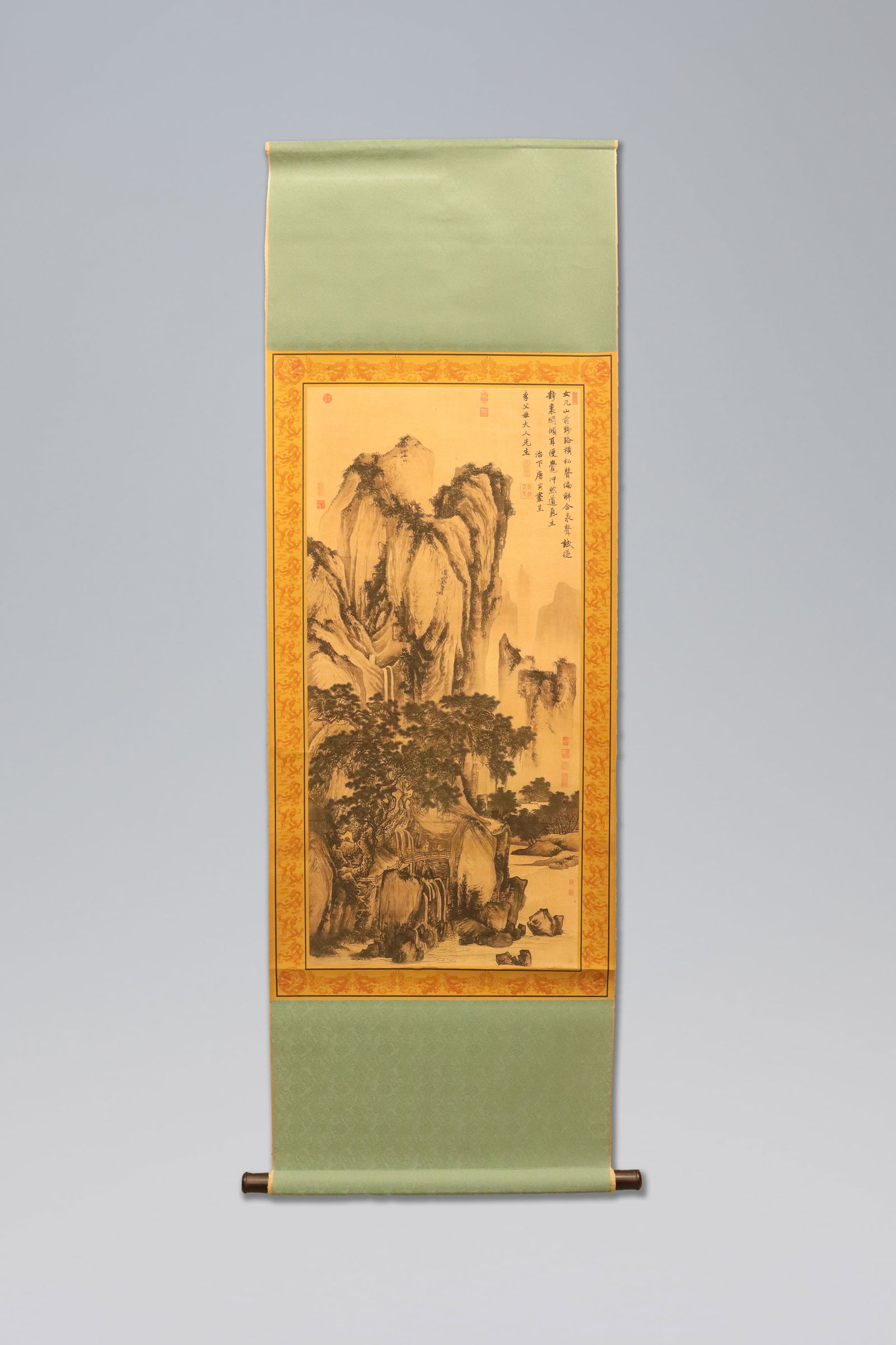 Chinese long scroll with wooden box: Chinese long scroll with wooden box.