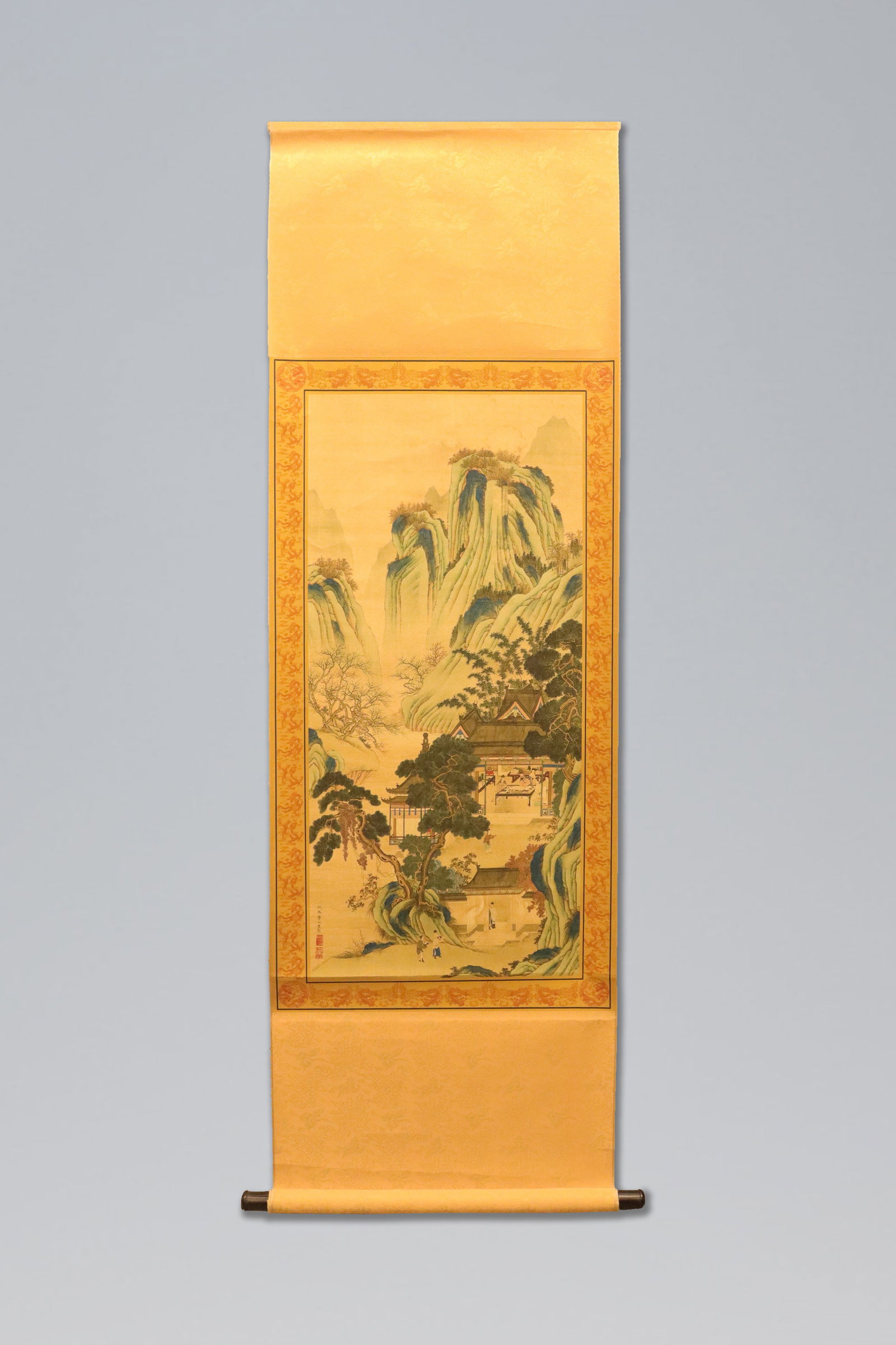 Chinese long scroll with wooden box: Chinese long scroll with wooden box.