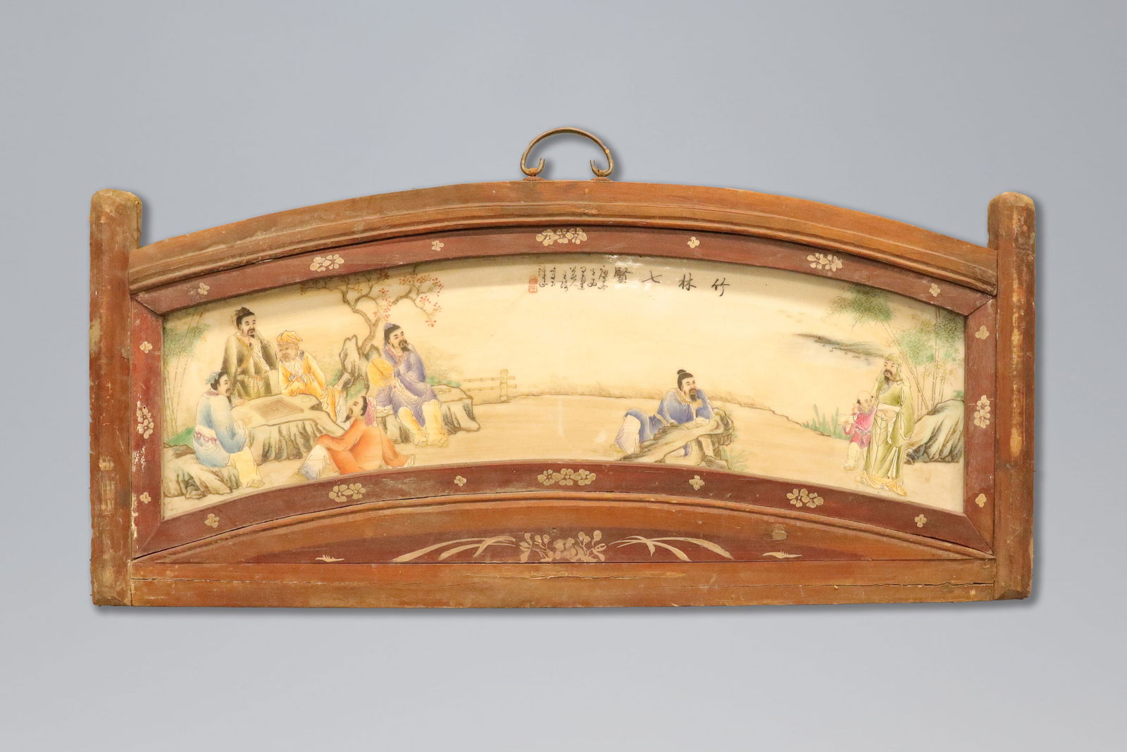 Chinese wooden framed porcelain tile: Chinese wooden framed porcelain tile. H: 12.5" x W: 31."