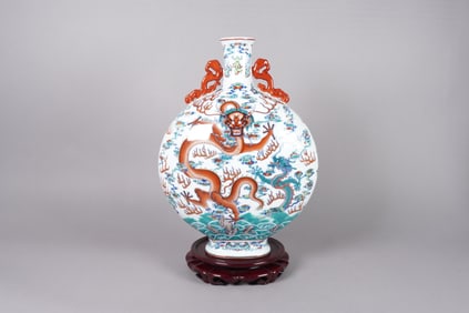 Chinese important dragon flask vase. H: 14" x W: 10.5."