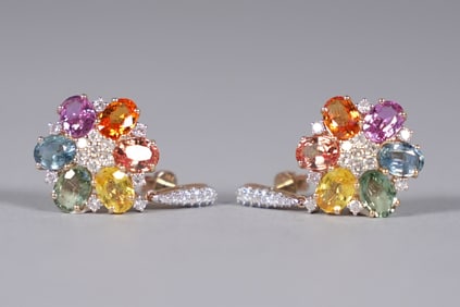 Pair 14 kt y/g sapphire diamond earrings