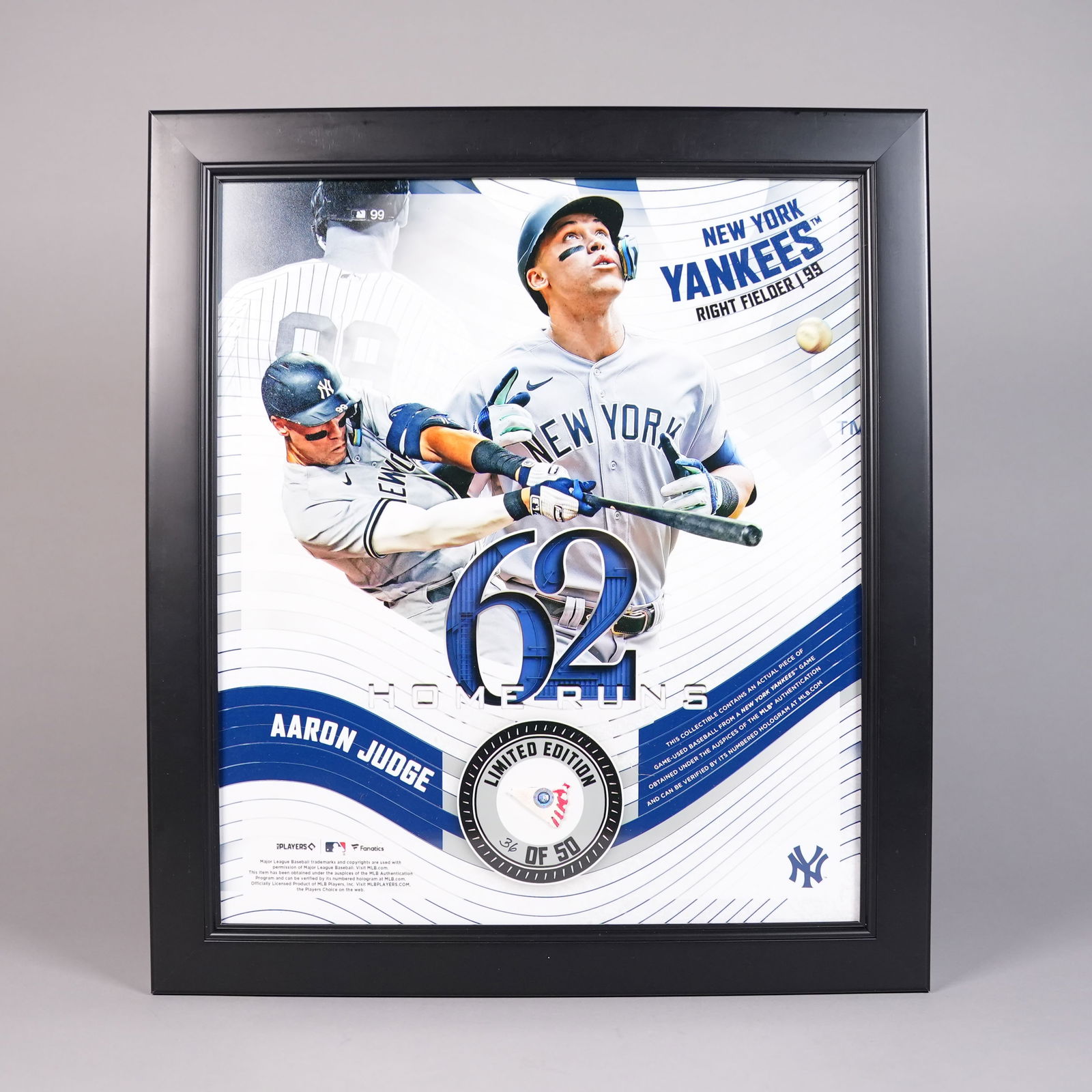 Aaron Judge baseball relic piece framed: Aaron Judge relic piece, from homerun baseball, framed. Backside has authenticity certificate.