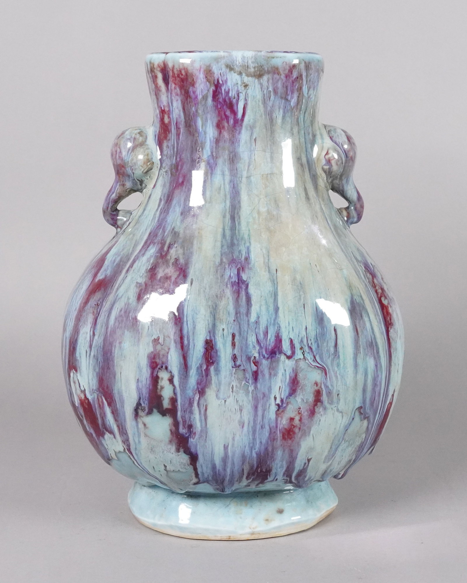 Chinese fine handled vase: Chinese fine handled vase. H: 11.75" x W: 8.6."