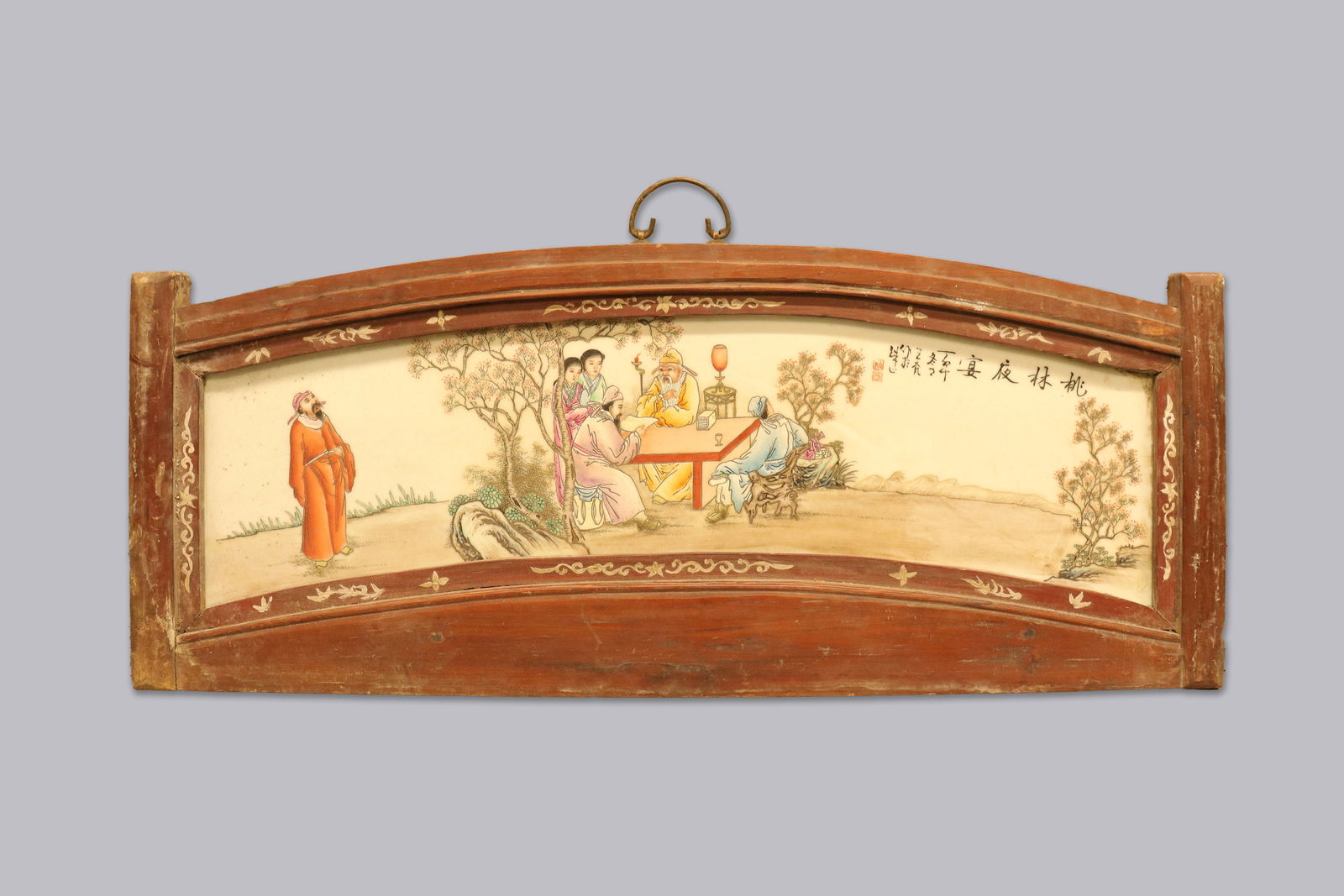 Chinese framed porcelain tile: Chinese framed porcelain tile. H: 14.45" x W: 35."