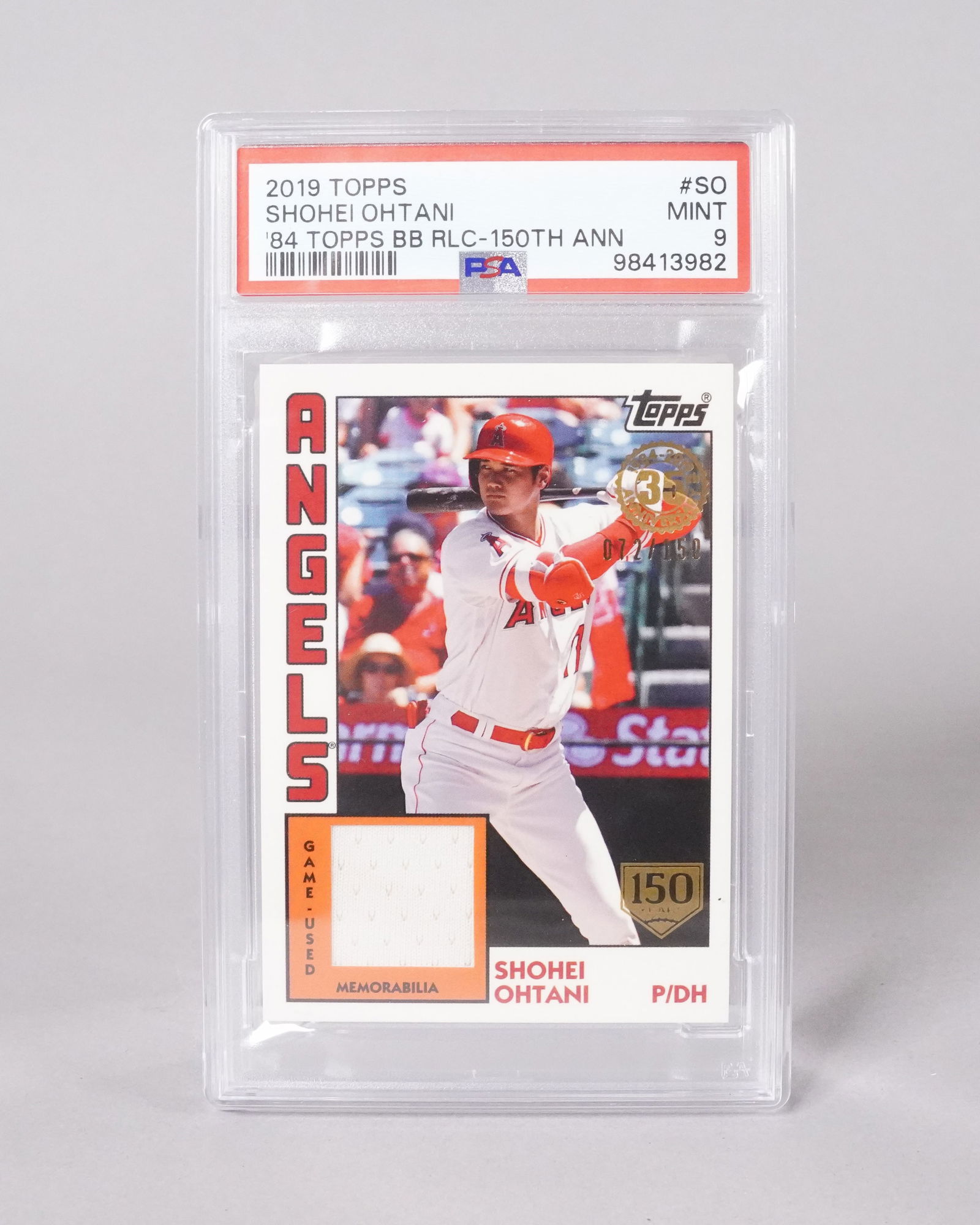 2019 Shohei Ohtani relic card PSA 9: 2019 Shohei Ohtani relic card, a piece from the game worn jersey. PSA 9.