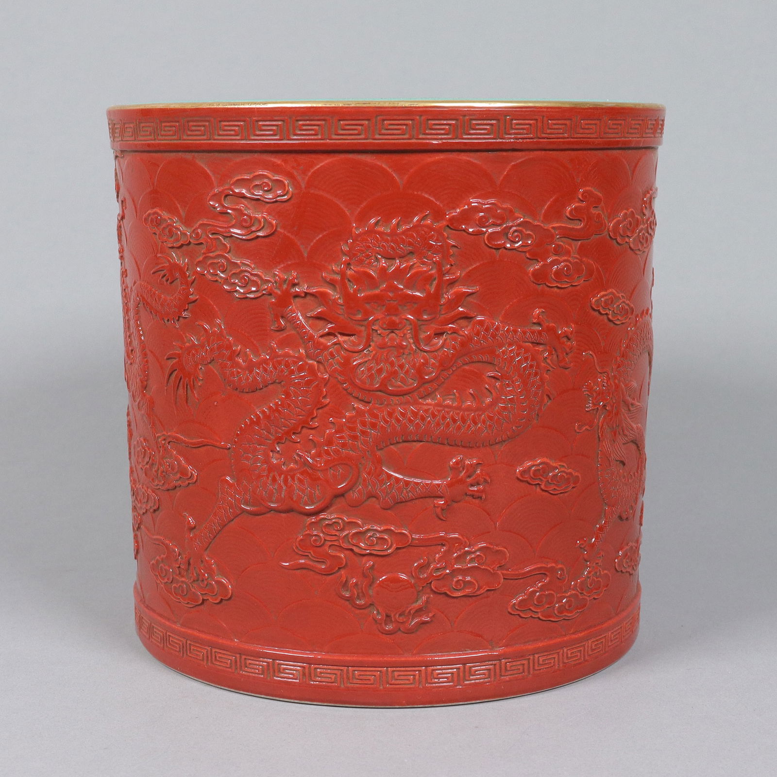 Chinese dragon brush pot: Chinese fine dragon brush pot. H: 6.35" x W: 6.5."