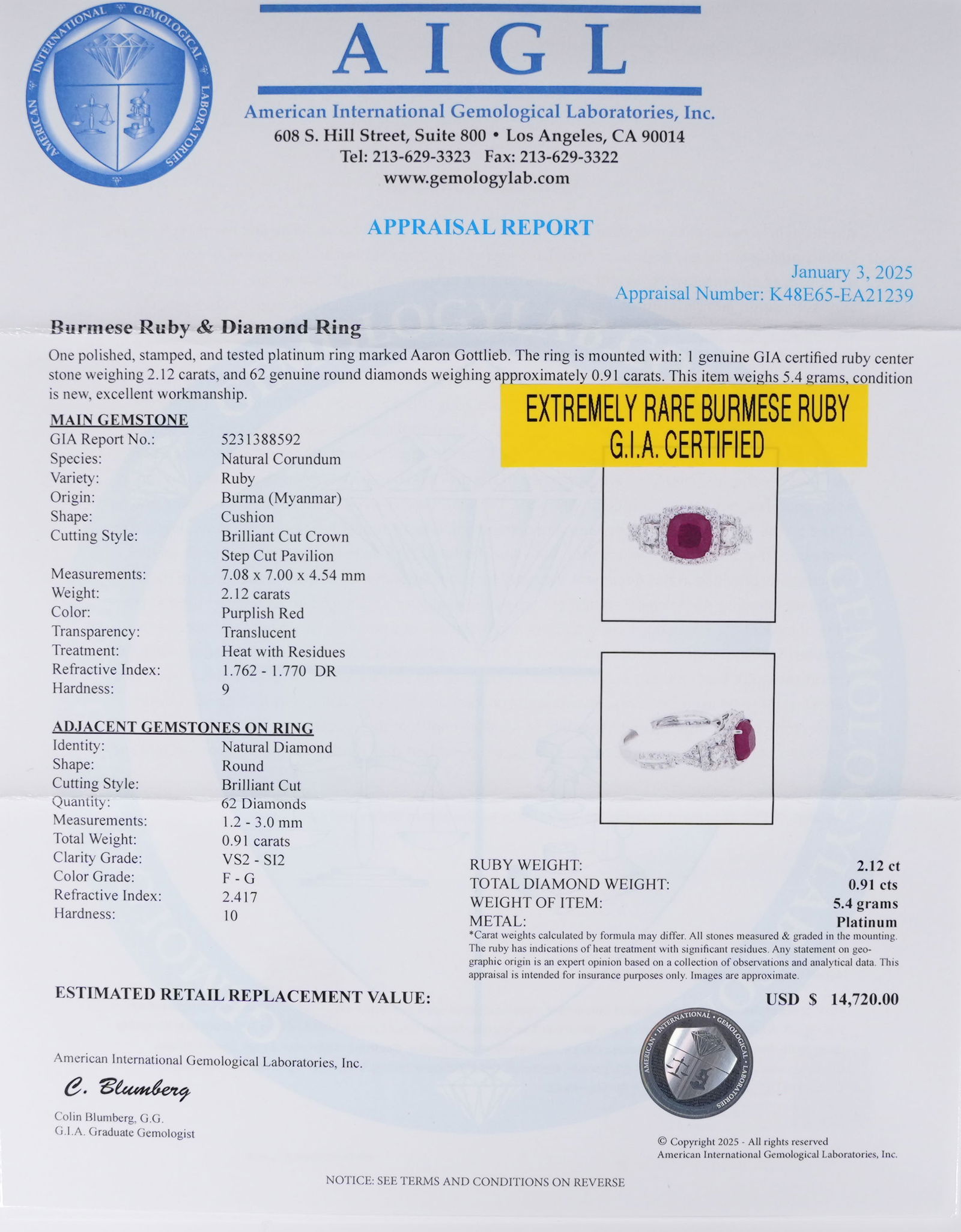 Platinum natural ruby diamond ring GIA cert - 8