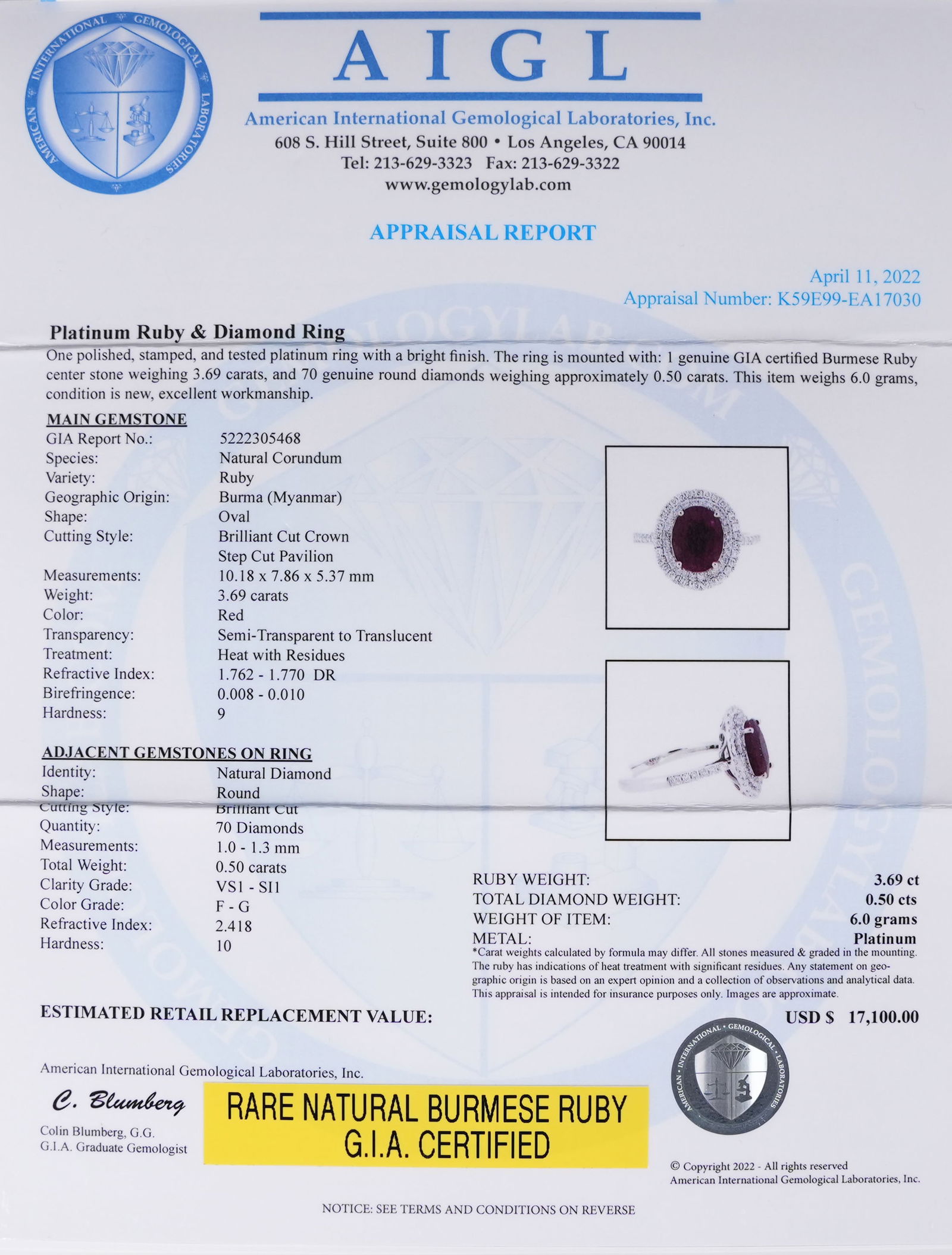 Platinum natural ruby diamond ring GIA cert - 6