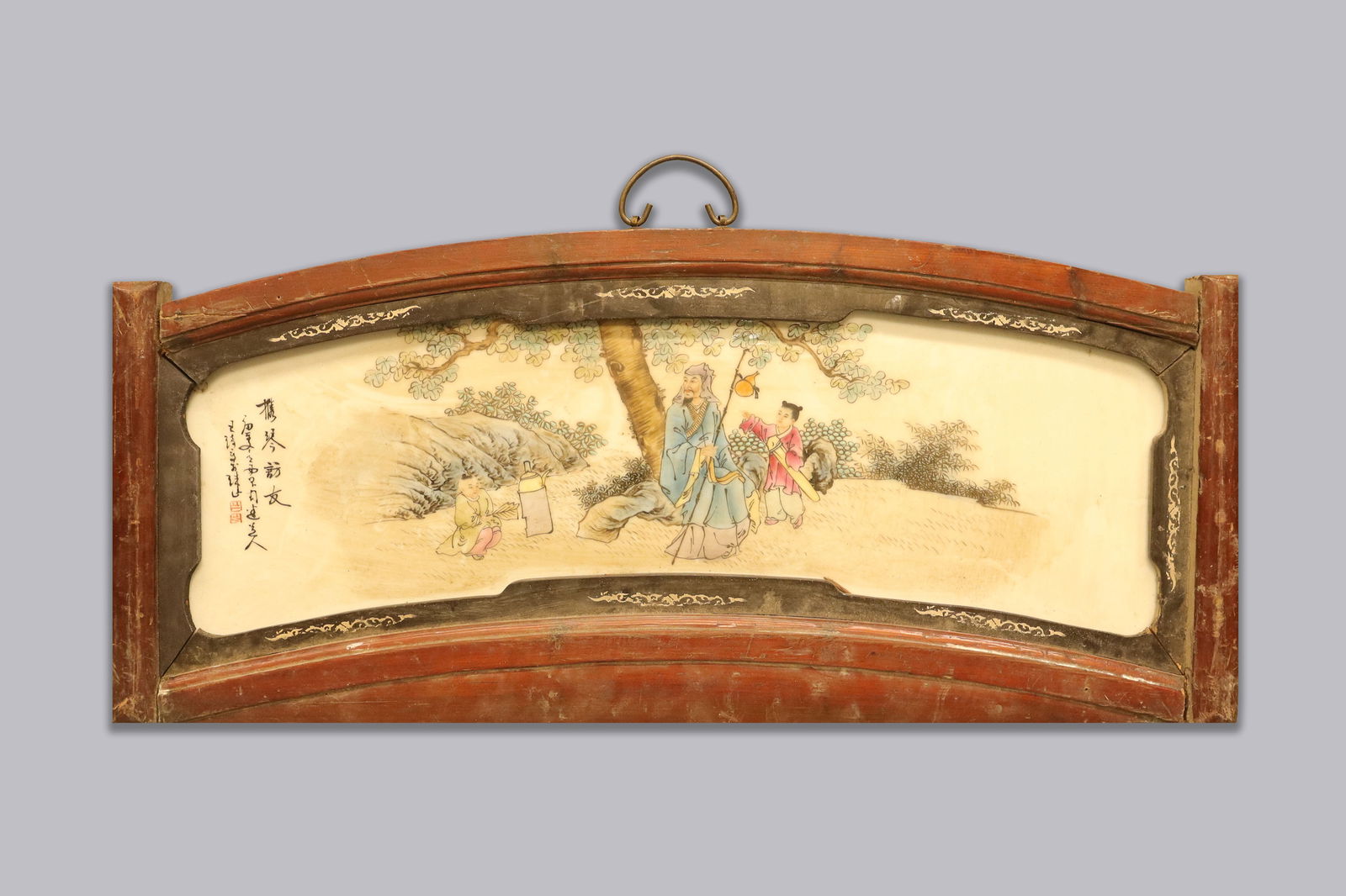 Chinese fine framed porcelain tile: Chinese fine framed porcelain tile. H: 12.5" x W: 31.5."