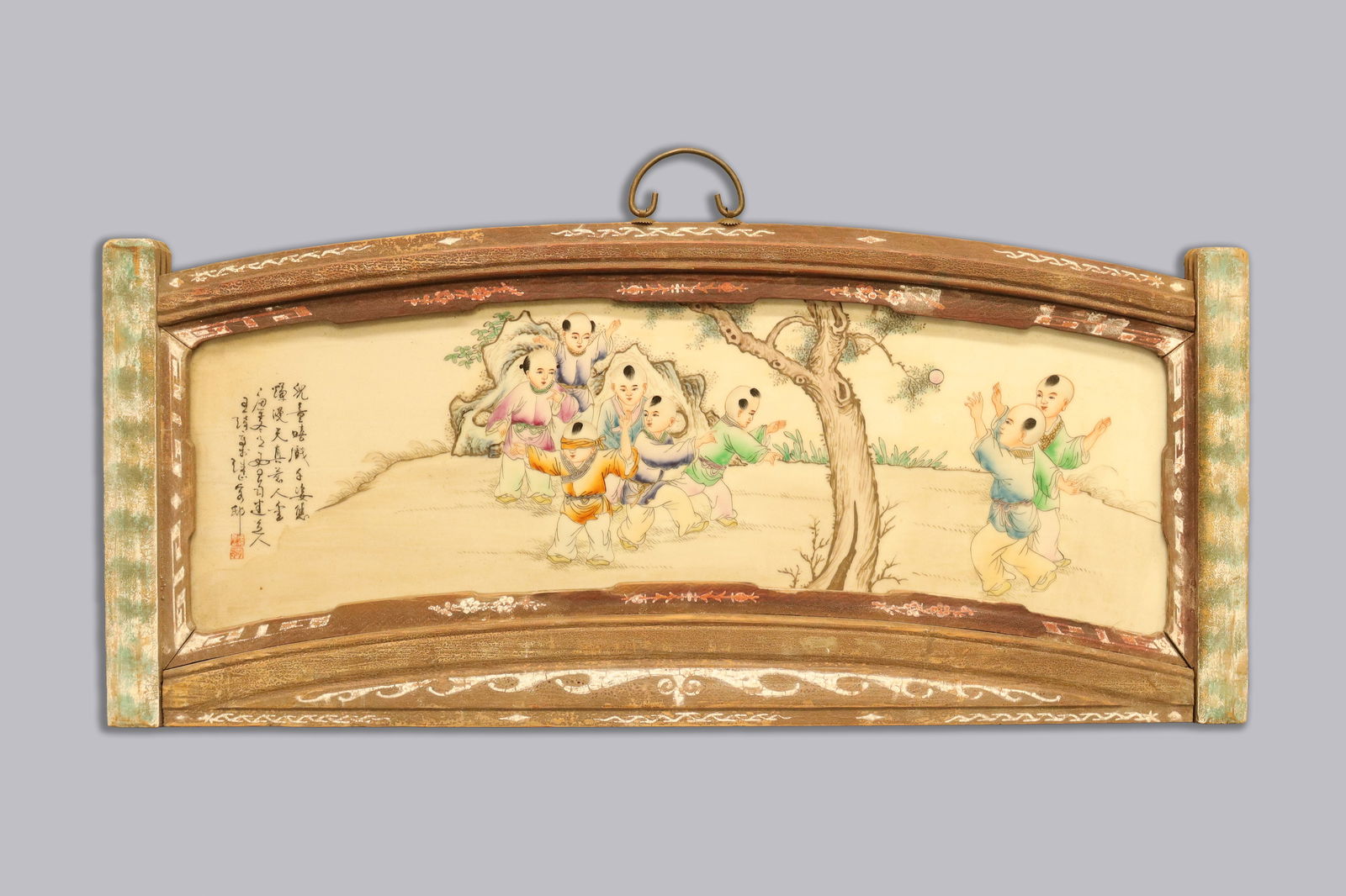 Chinese fine framed porcelain tile: Chinese fine framed porcelain tile. H: 12.5" x W: 31.5."