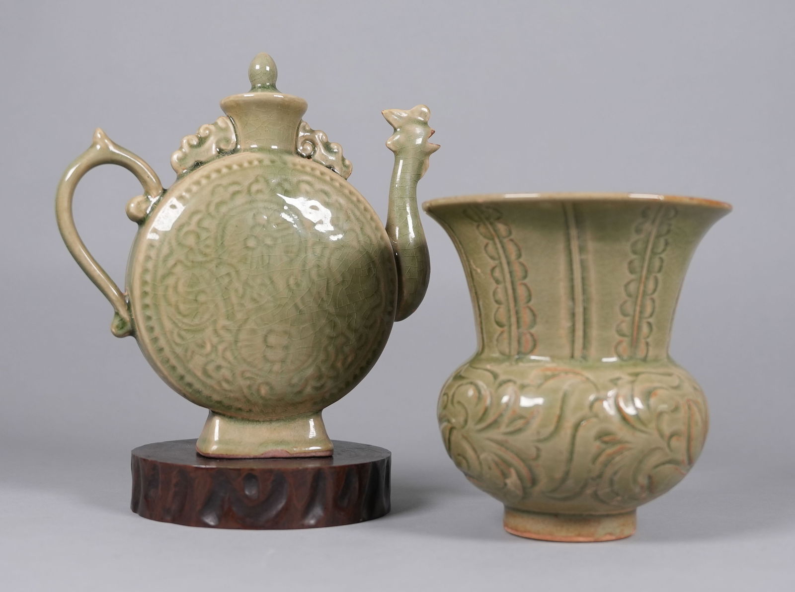 2 Chinese green ceramics: 2 Chinese green ceramics, largest H: 6" x W: 5.7."