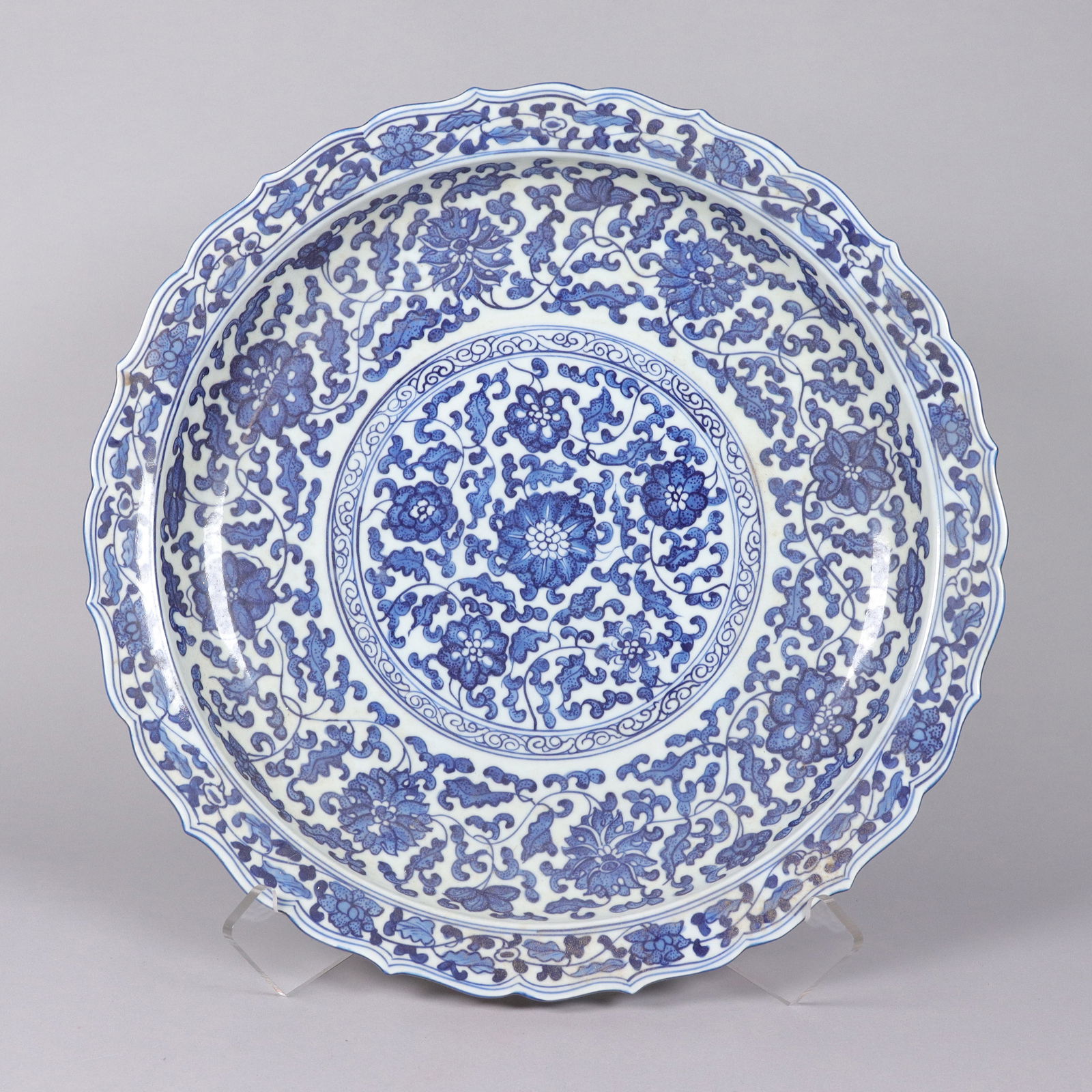 Chinese fine b/w charger plate: Chinese fine blue and white charger plate. H: 2.8" x W: 16.75."