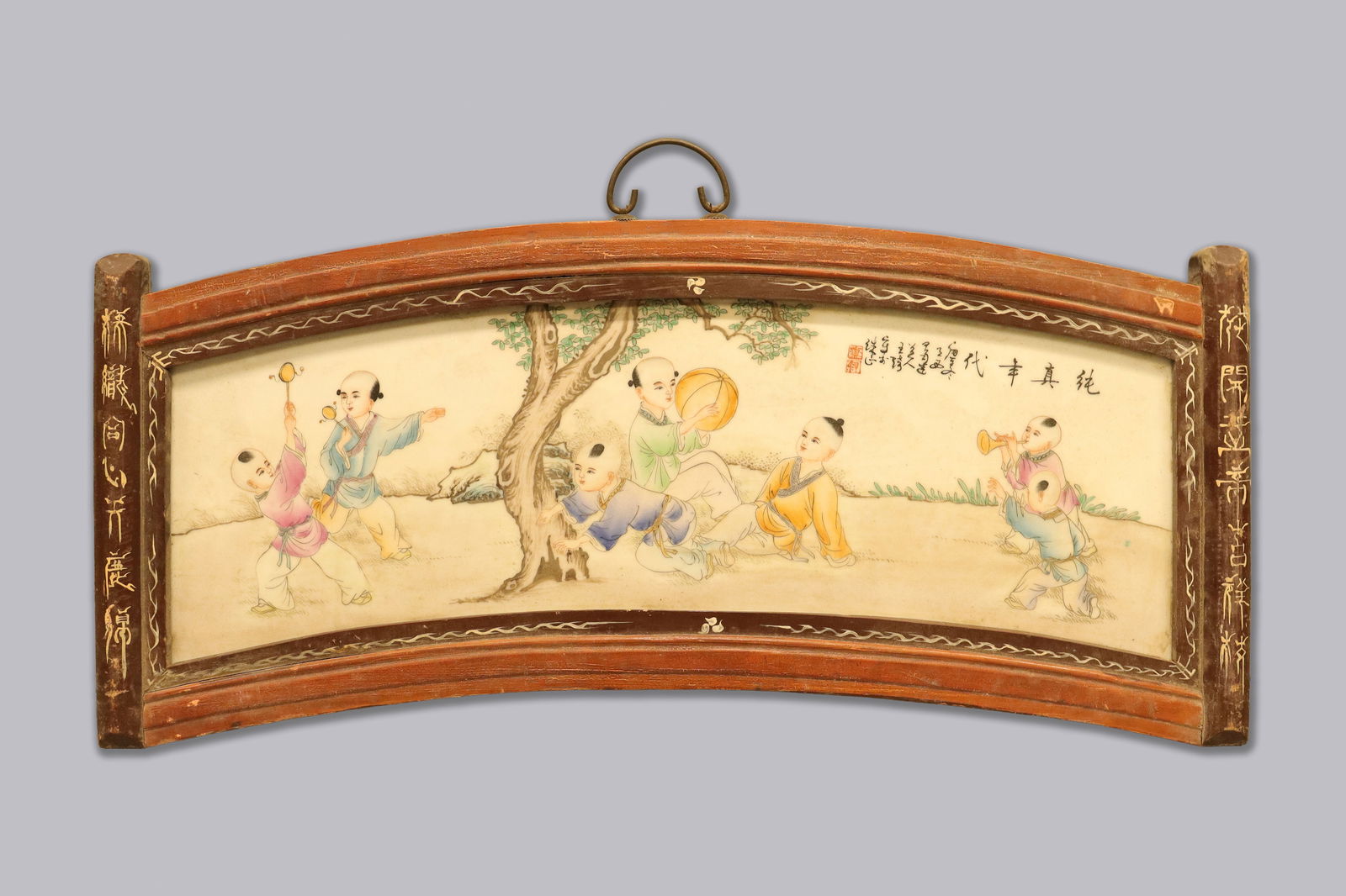 Chinese wooden framed porcelain tile: Chinese wooden framed porcelain tile. H: 13.75" x W: 31.75."