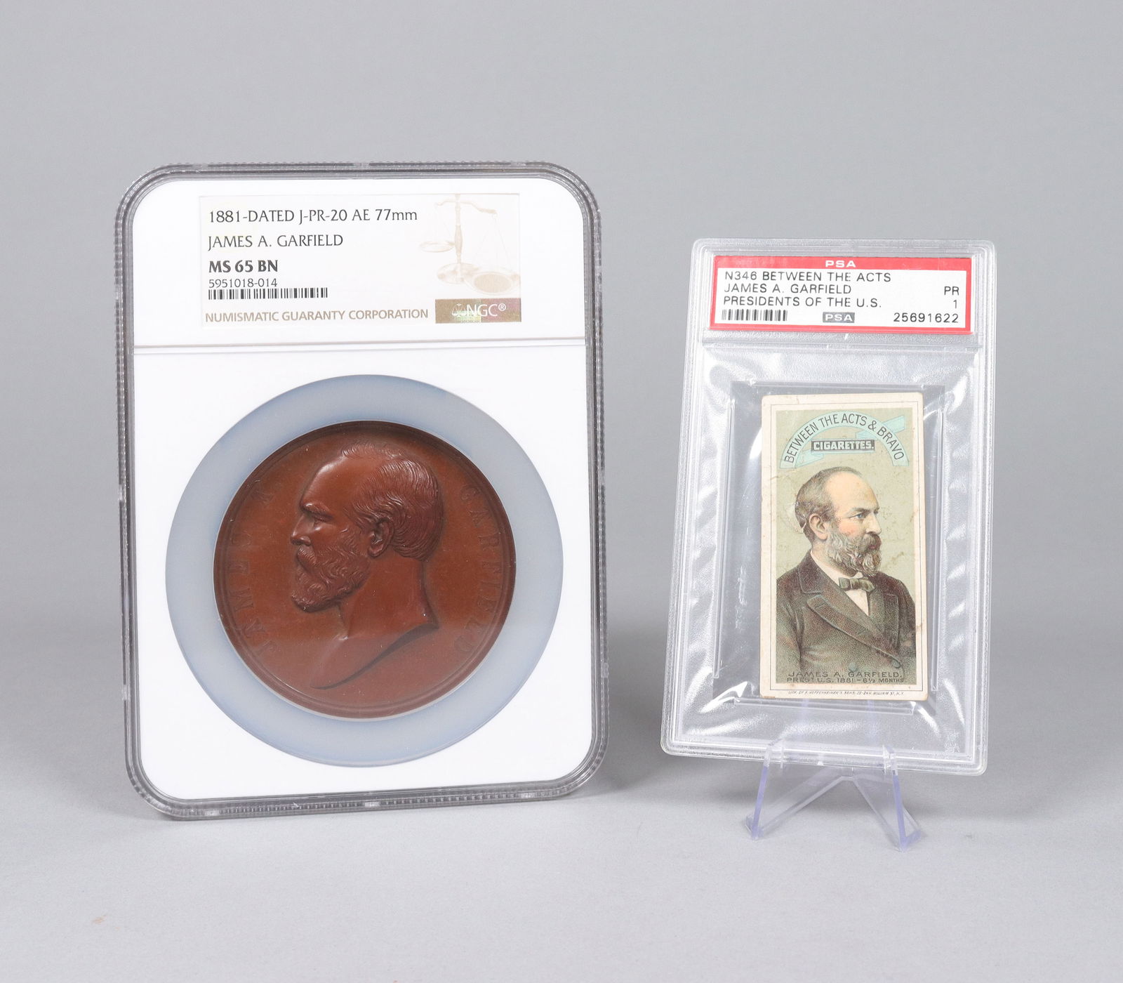 1881 James Garfield medallion and cigarette card PSA: 1881 James Garfield rare presidential graded medallion and a James Garfield cigarette card, PSA graded.