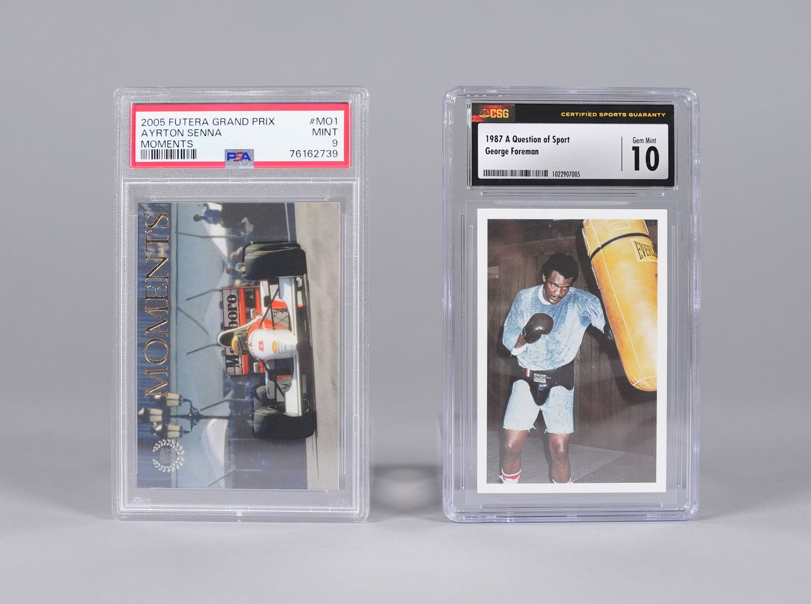 2005 Ayrton Senna PSA card and other: 2005 Ayrton Senna rare PSA 9 graded card. 1987 George Foreman graded card.