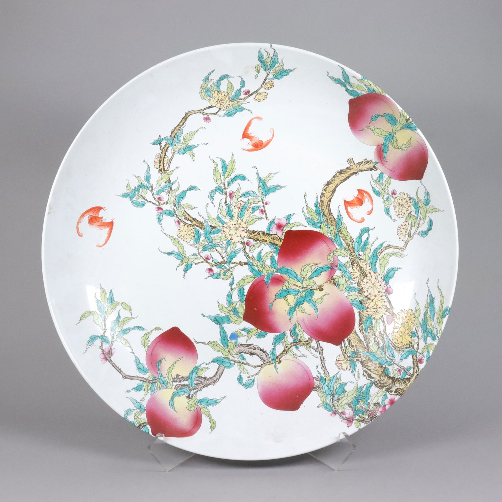 Chinese fine peach charger plate: Chinese fine peach charger plate. H: 4.25" x W: 21.85."