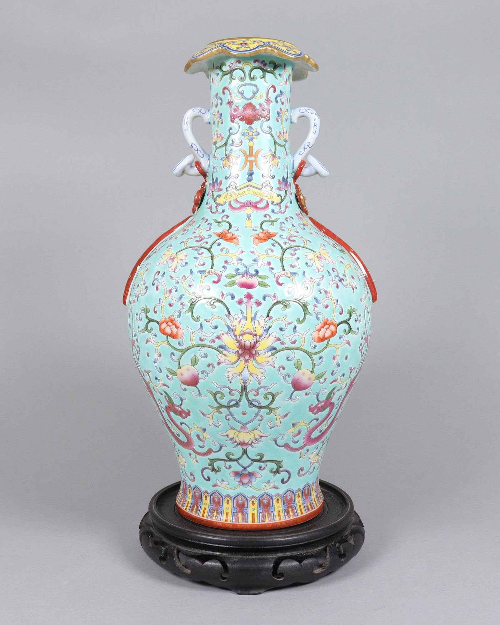 Chinese fine turquoise handled vase: Chinese fine estate turquoise handled vase. H: 14.25" x W: 7.5."