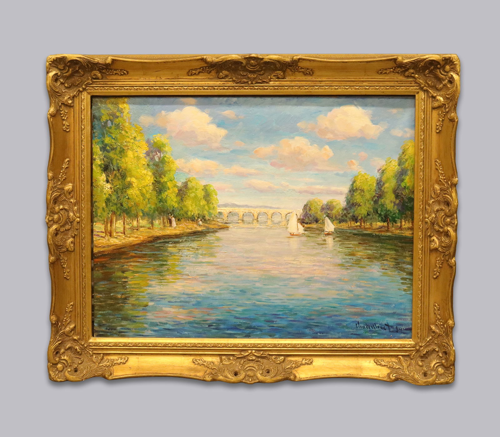 Antique Monet style oil on canvas painting: Antique Monet style oil on canvas painting, from a major estate. Backside has some label. H: 26.5" x W: 31.5."