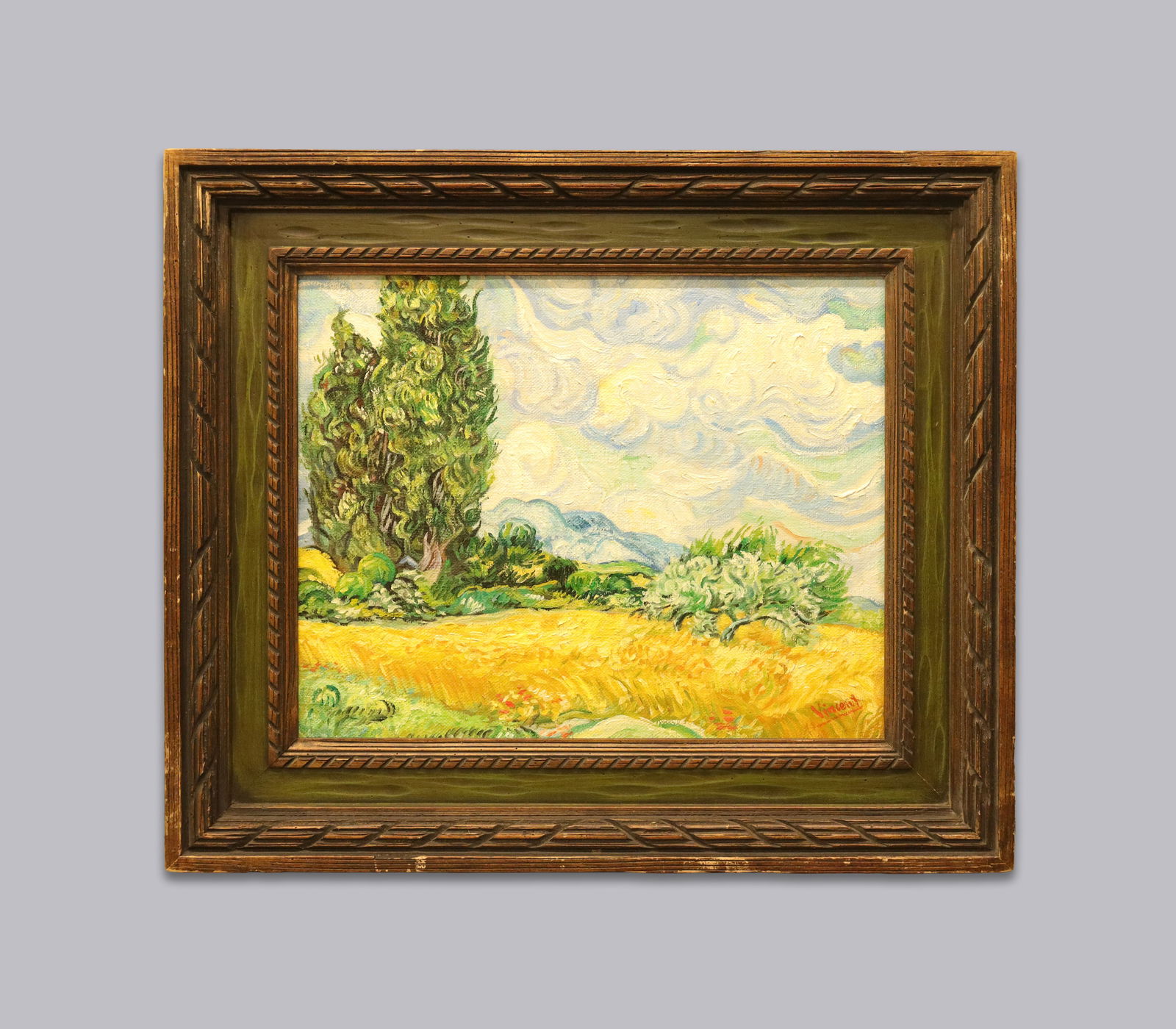 Antique Van Gogh oil painting framed: Antique Van Gogh oil painting framed, backside has some labels. From a major estate. Galerie Daniel Cordier. H: 24" x W: 27.5."