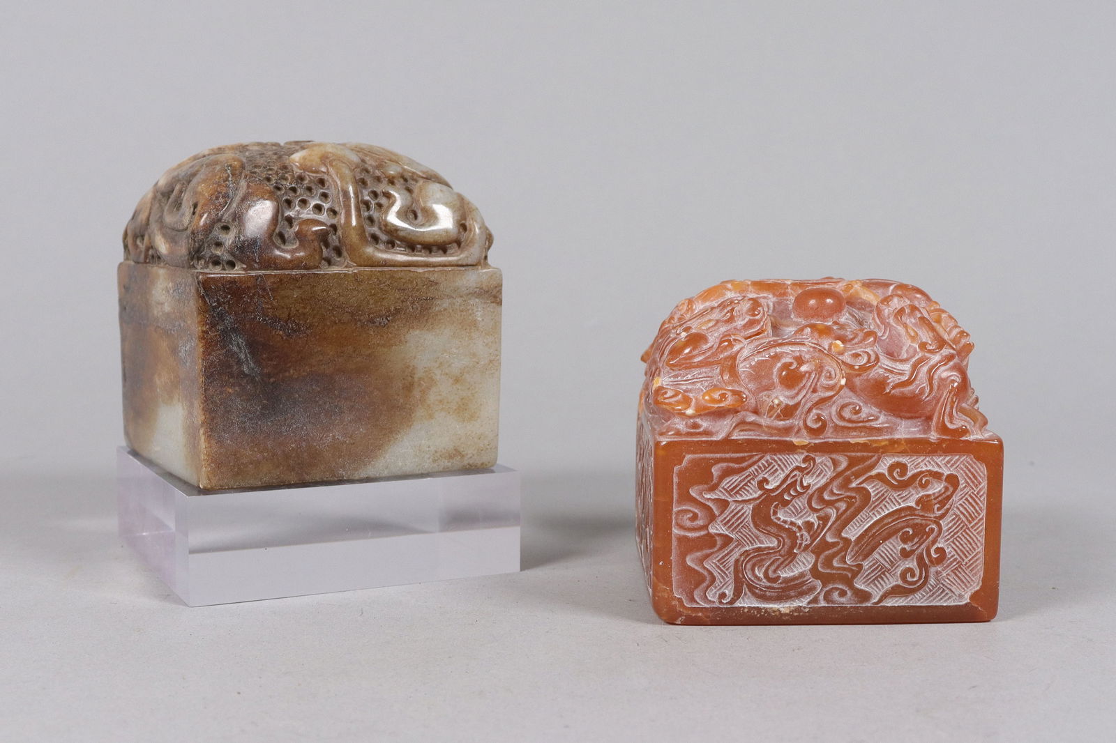 2 Chinese carved seal: 2 Chinese carved large seal. Largest H: 3" x W: 2.75."