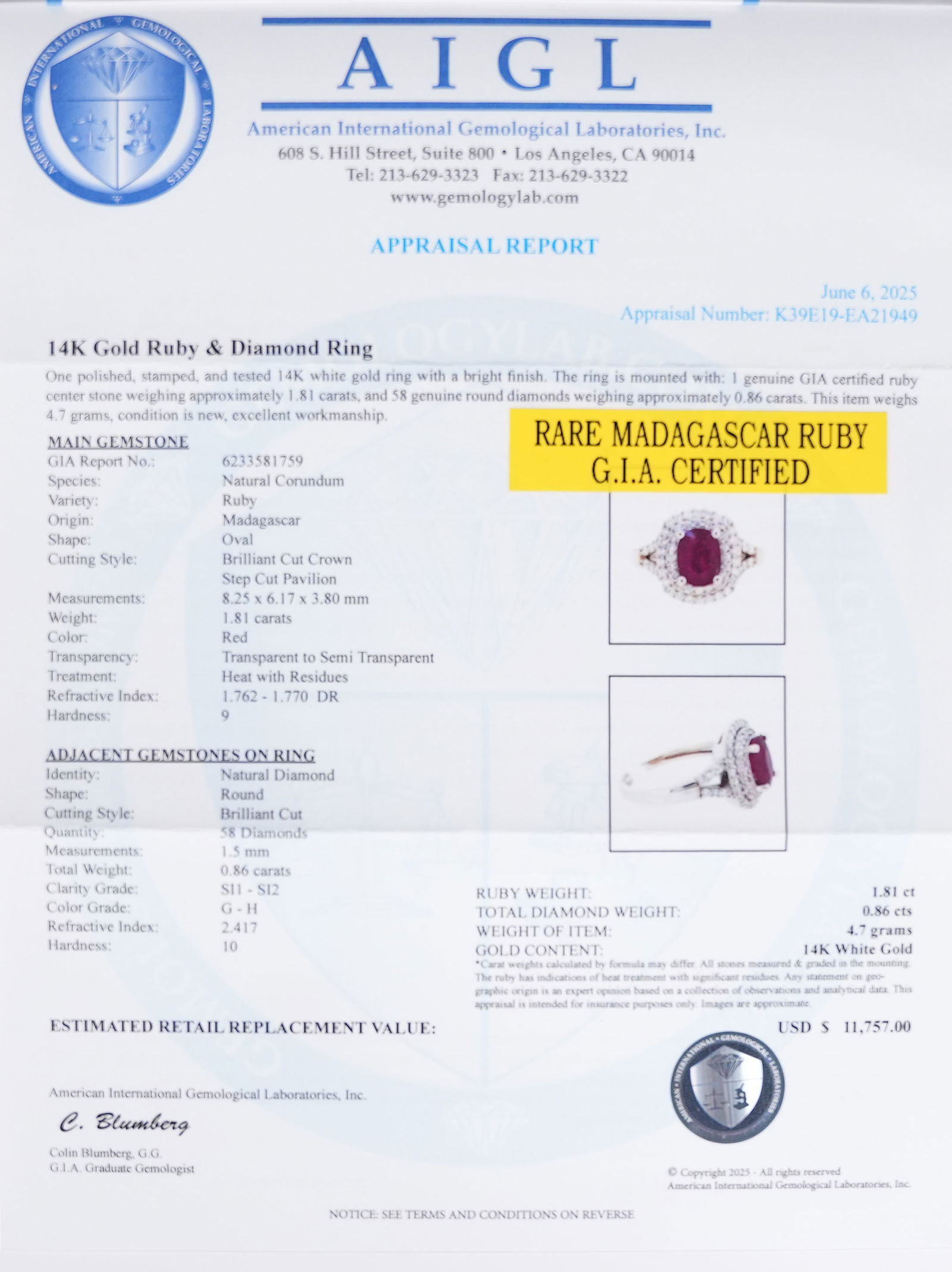 14 kt gold GIA ruby diamond ring - 8