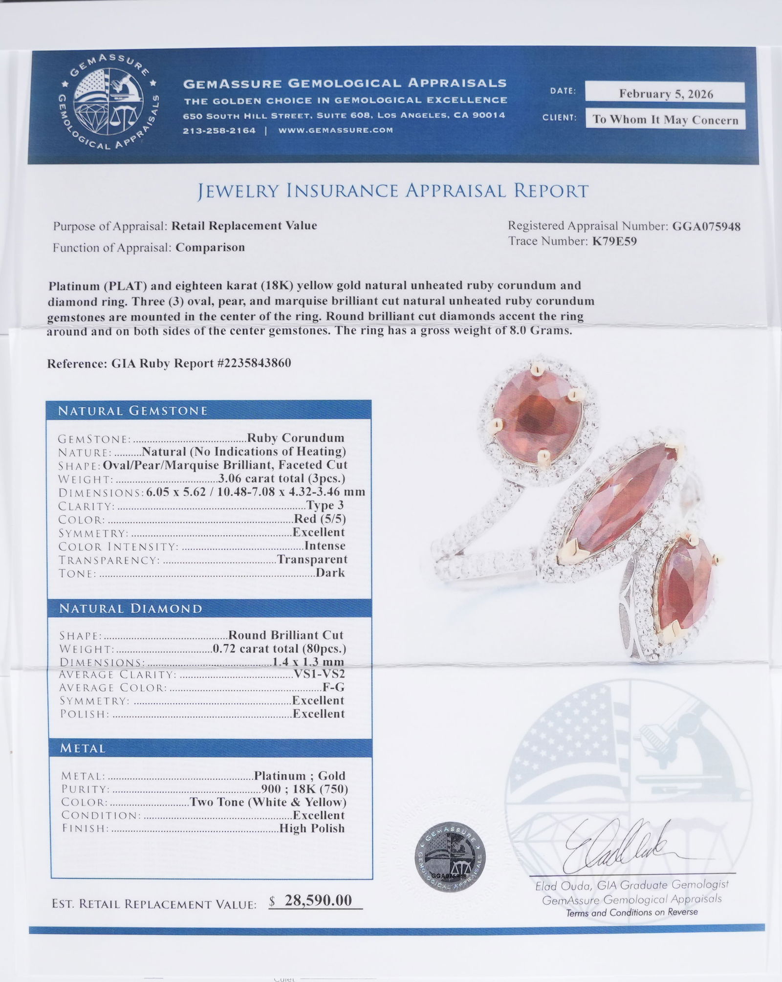 Platinum GIA ruby and diamond ring - 8