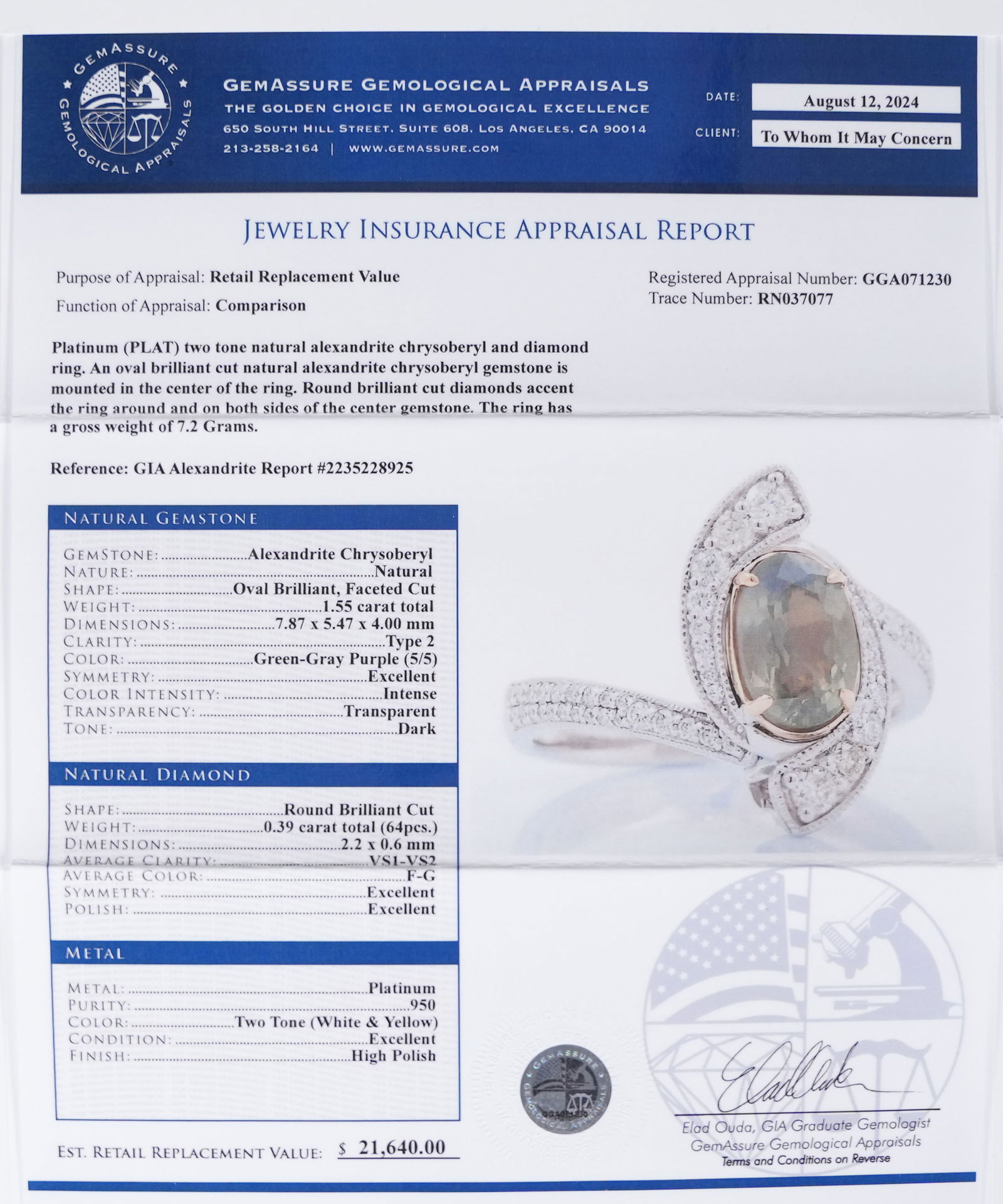 Platinum chrysoberyl diamond ring GIA - 8