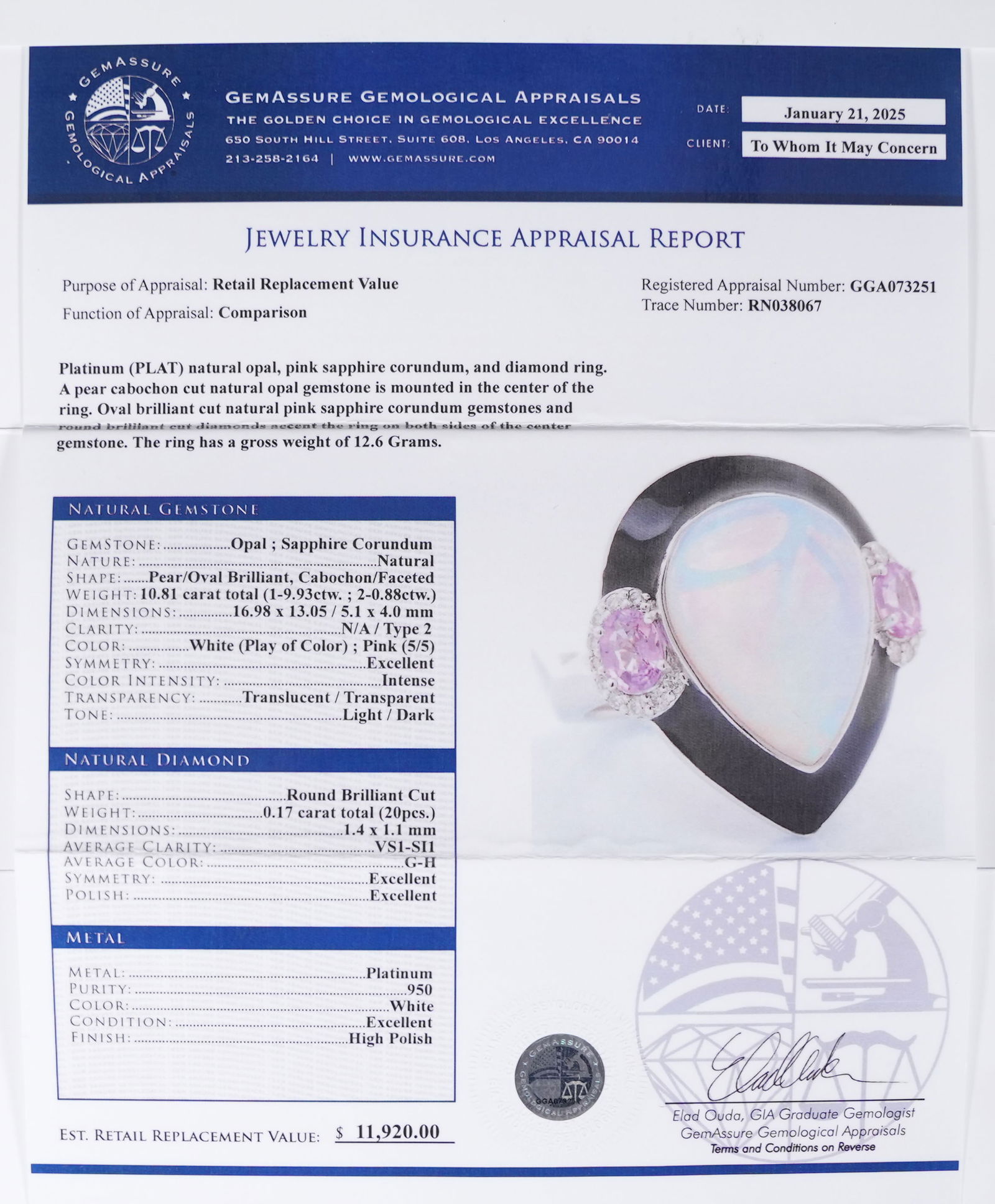 Platinum diamond opal ring - 8