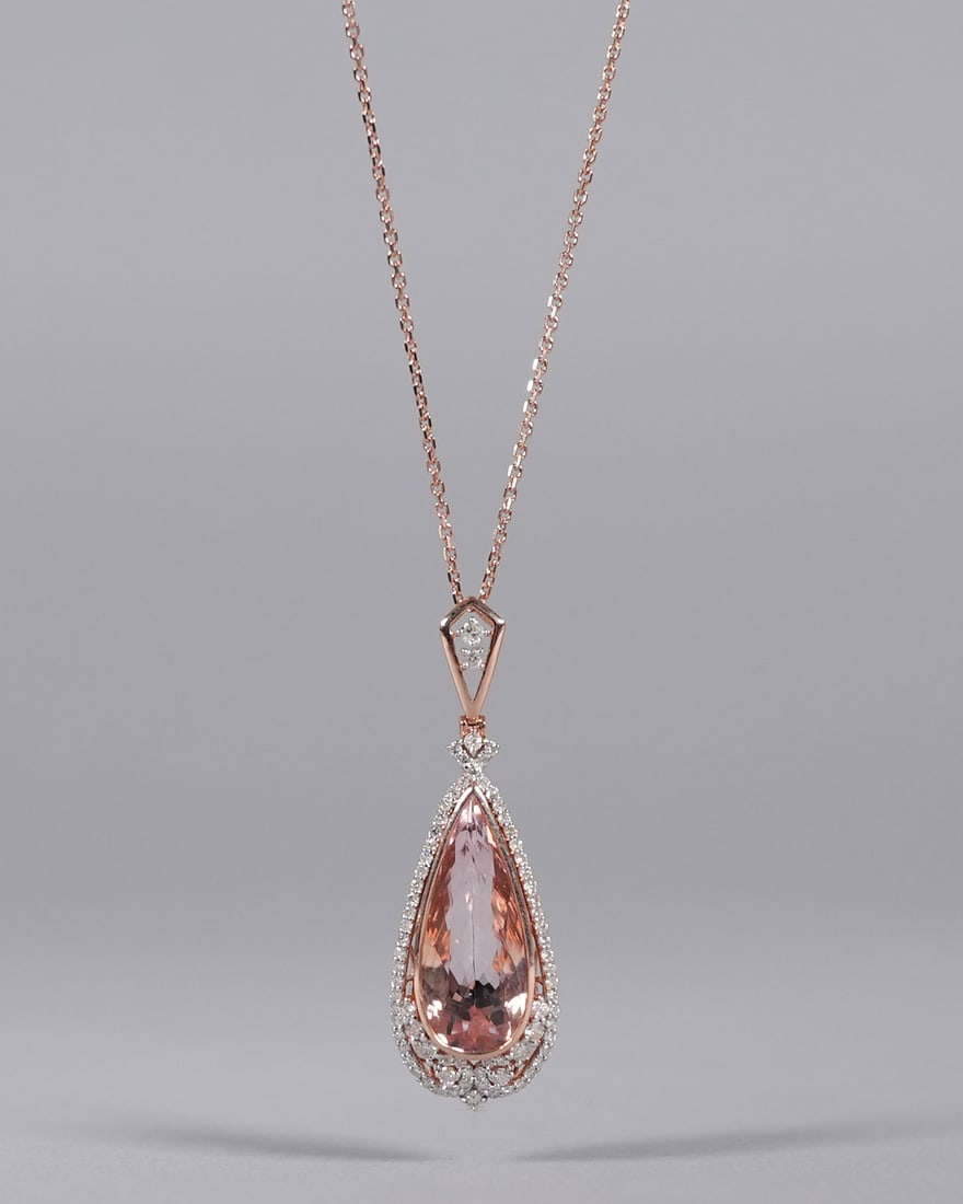 14 kt gold natural morganite necklace: 14 kt gold with natural morganite diamond necklace. Total 8.54 carats morganite, and 0.87 carats natural diamonds.