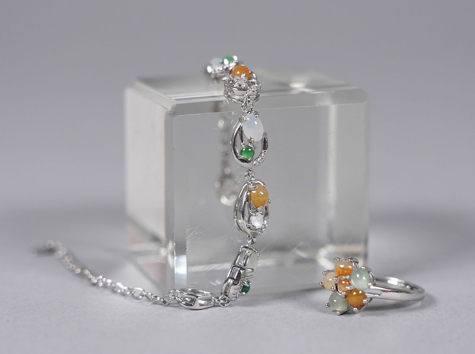 Lots Chinese sterling natural jadeite items: Lots Chinese sterling natural jadeite items. From an estate.