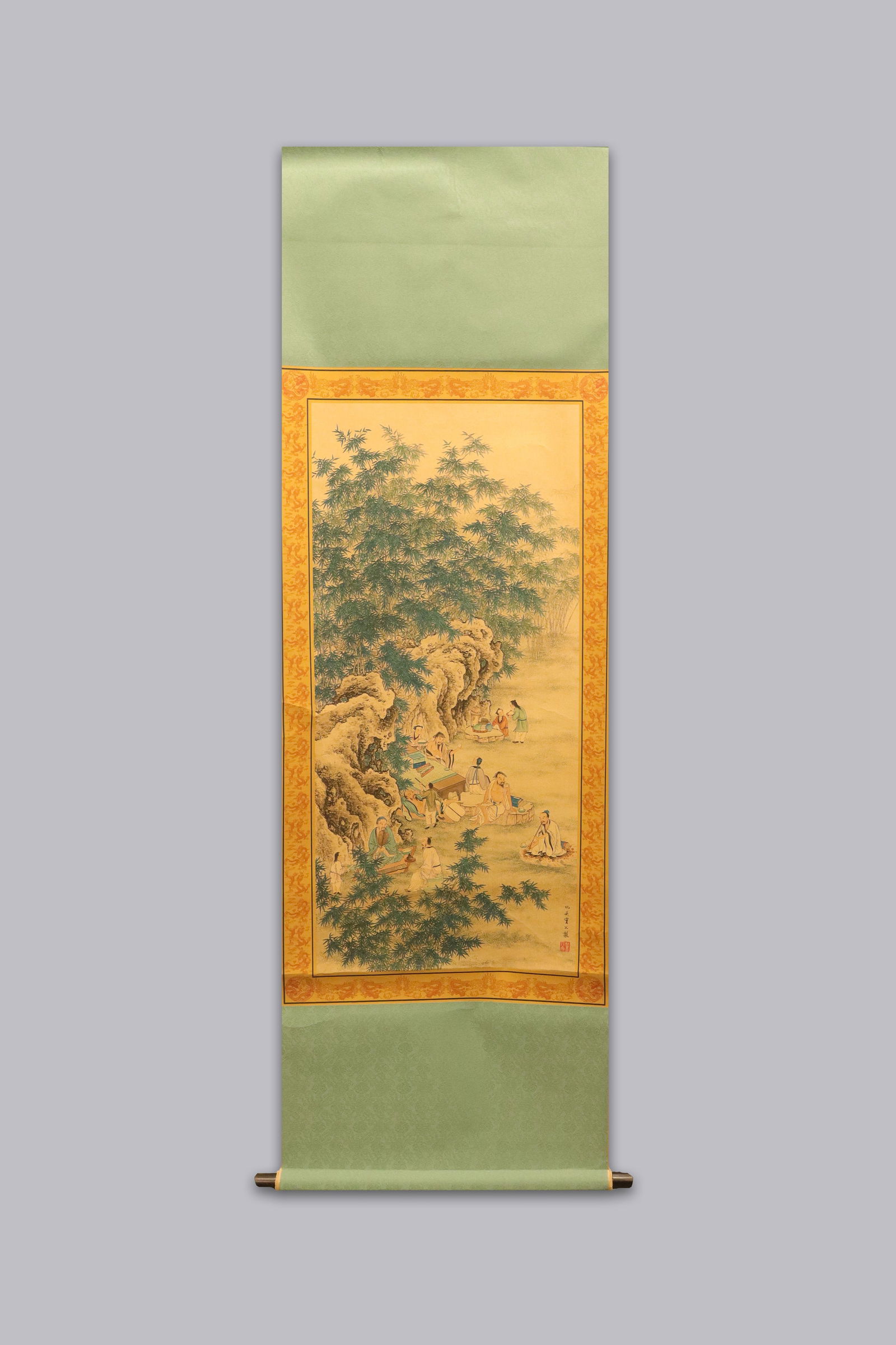 Chinese long scroll with box: Chinese long scroll with wooden box.